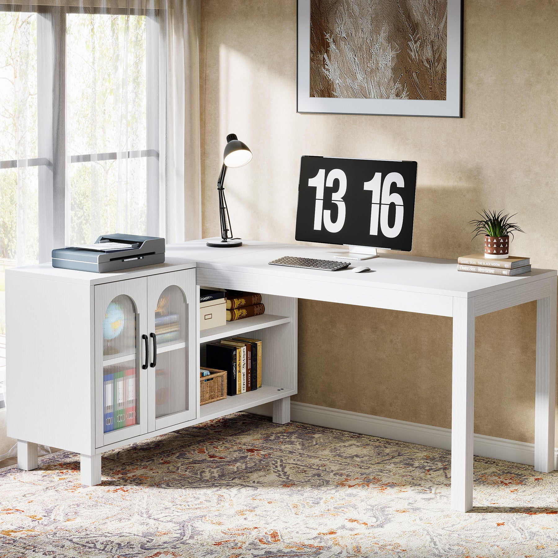 59" L-Shaped Executive Desk, Computer Desk Home Office Desk With Storage Cabinet