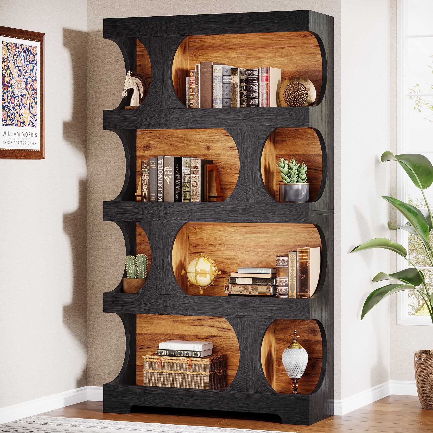 71" Bookcase, Modern Asymmetrical Bookshelf 4-Tier Display Shelf