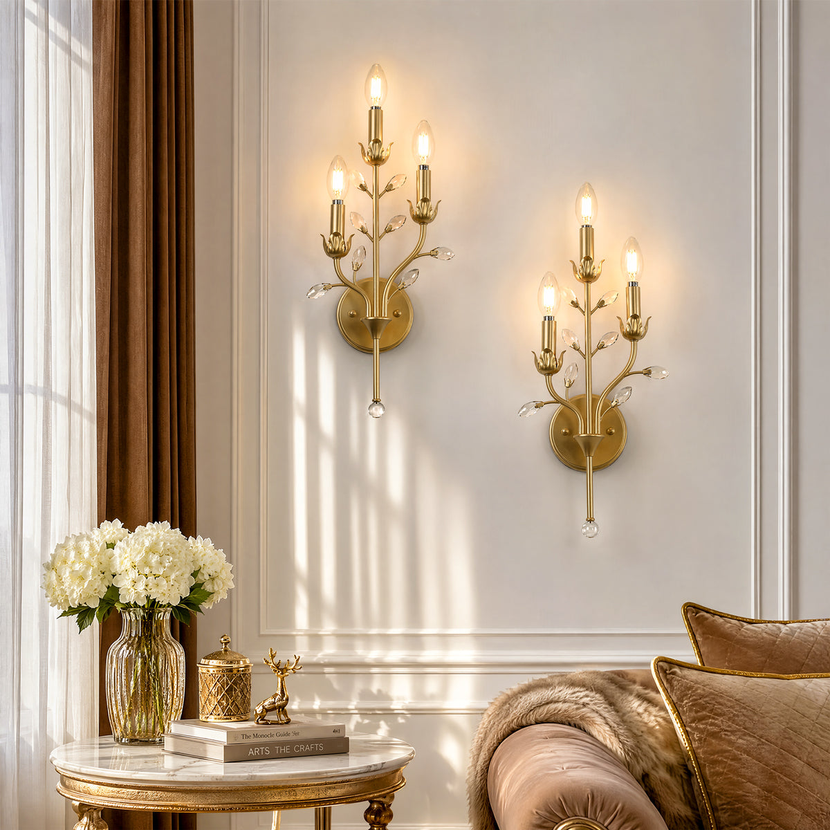 3-Light Gold Crystal Wall Sconce, Floral Vine Candle Wall Light
