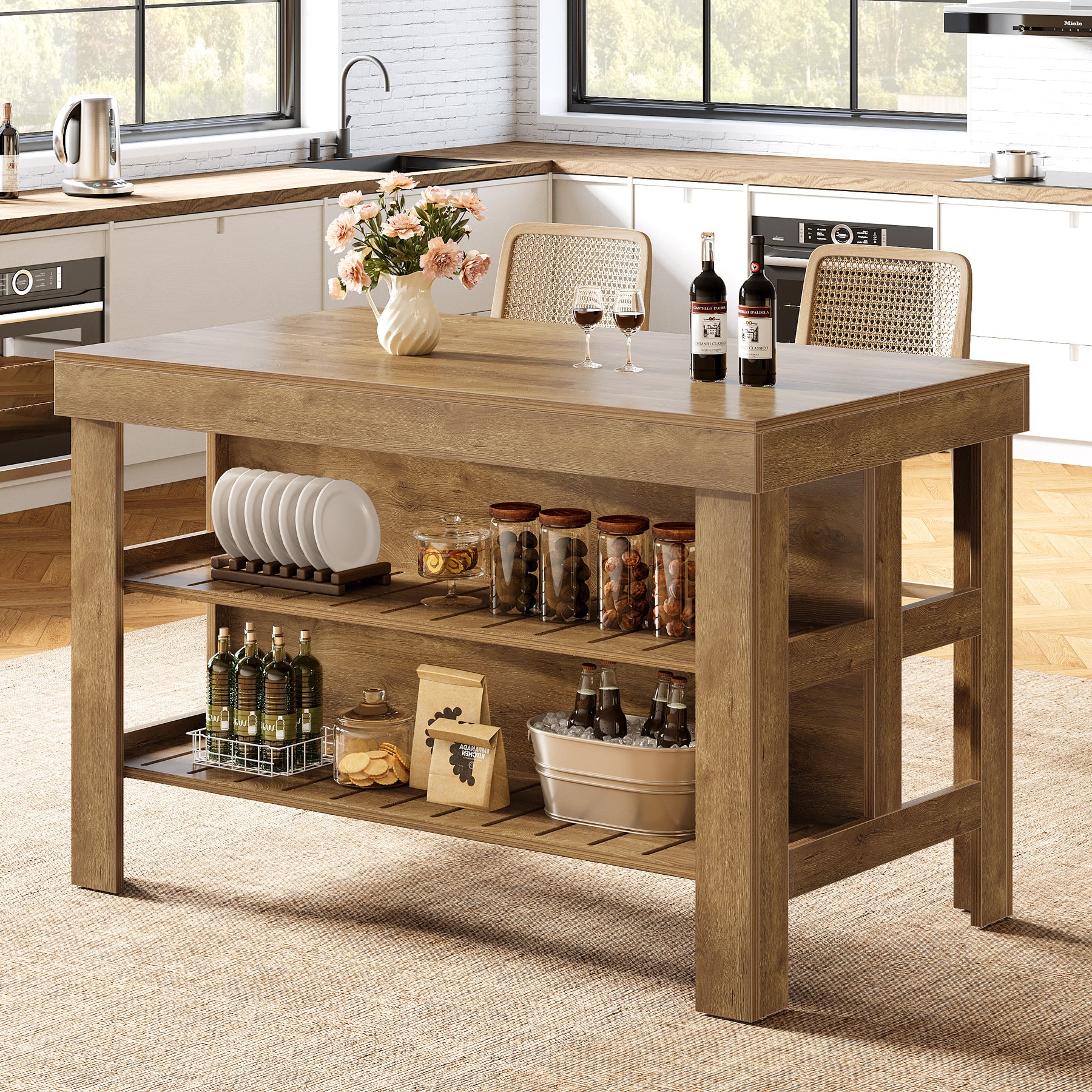 55" Kitchen Island, Breakfast Counter with Seating and Storage Shelves