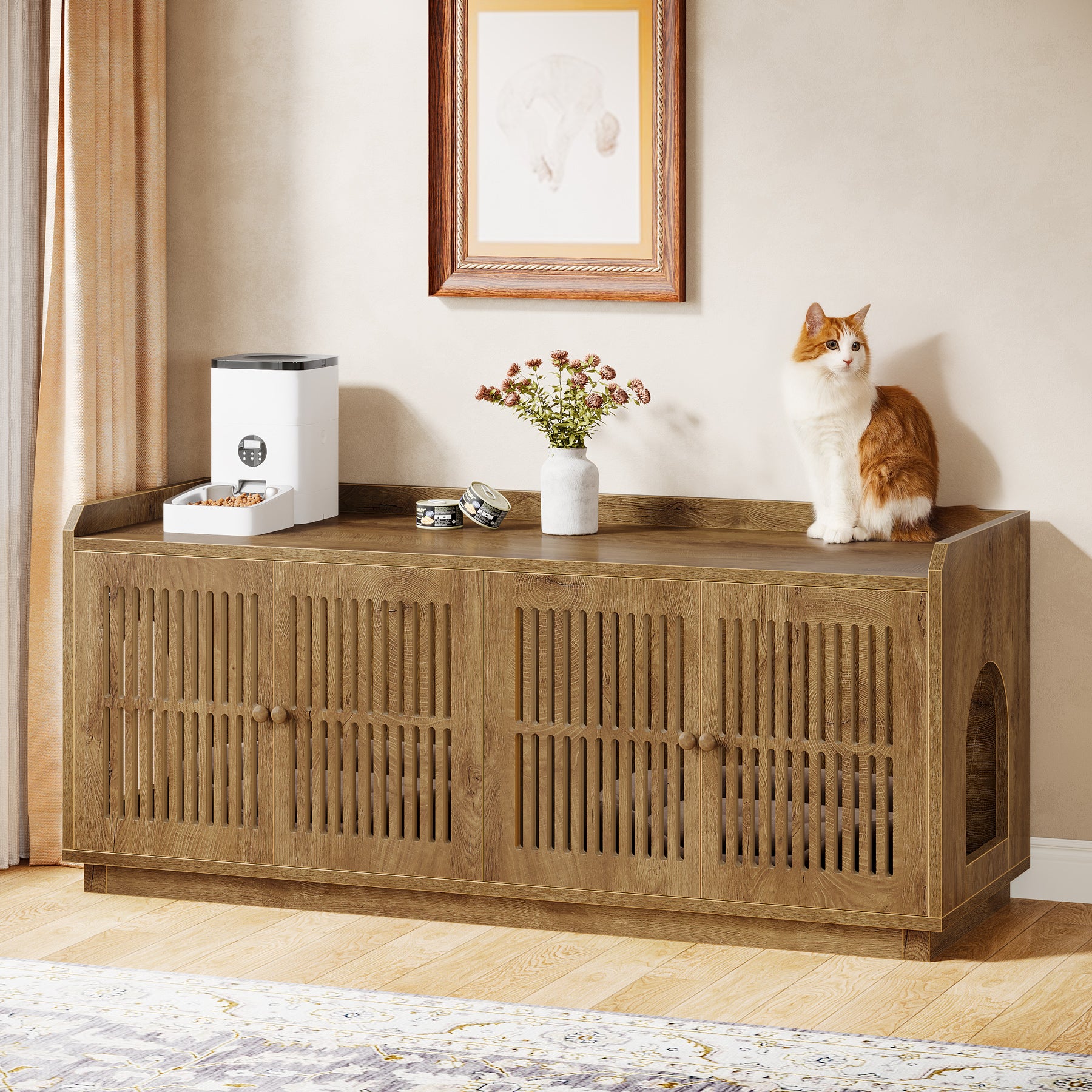 55" Litter Box Furniture, Cat Litter Box Enclosure with 2 Cabinets and Side Entrance