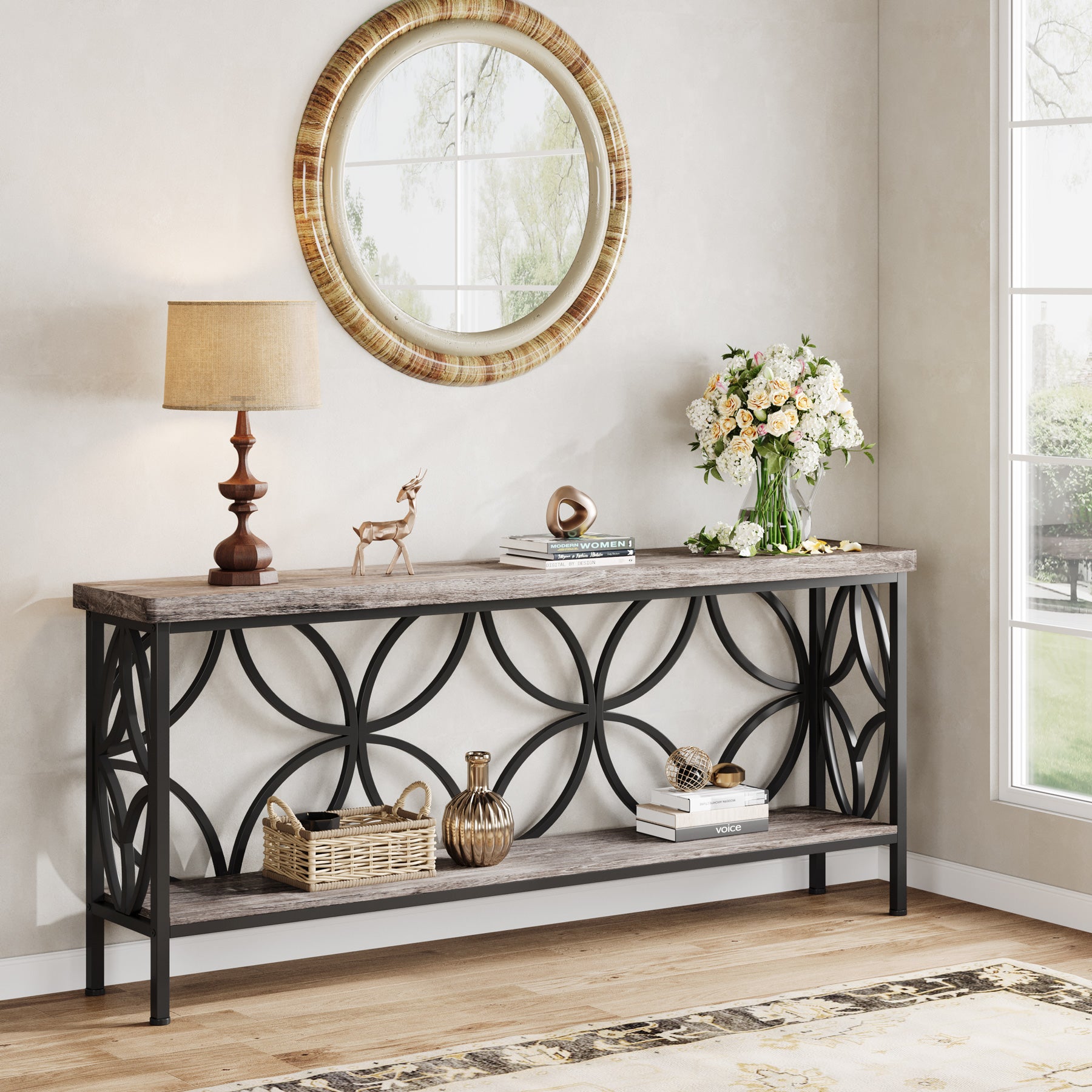 70.9" Sofa Table, 2-Tier Industrial Console Table Behind Couch