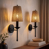 2 Pack Boho Wall Sconce, Handmade Jute Wall Light with Black Metal Base 3