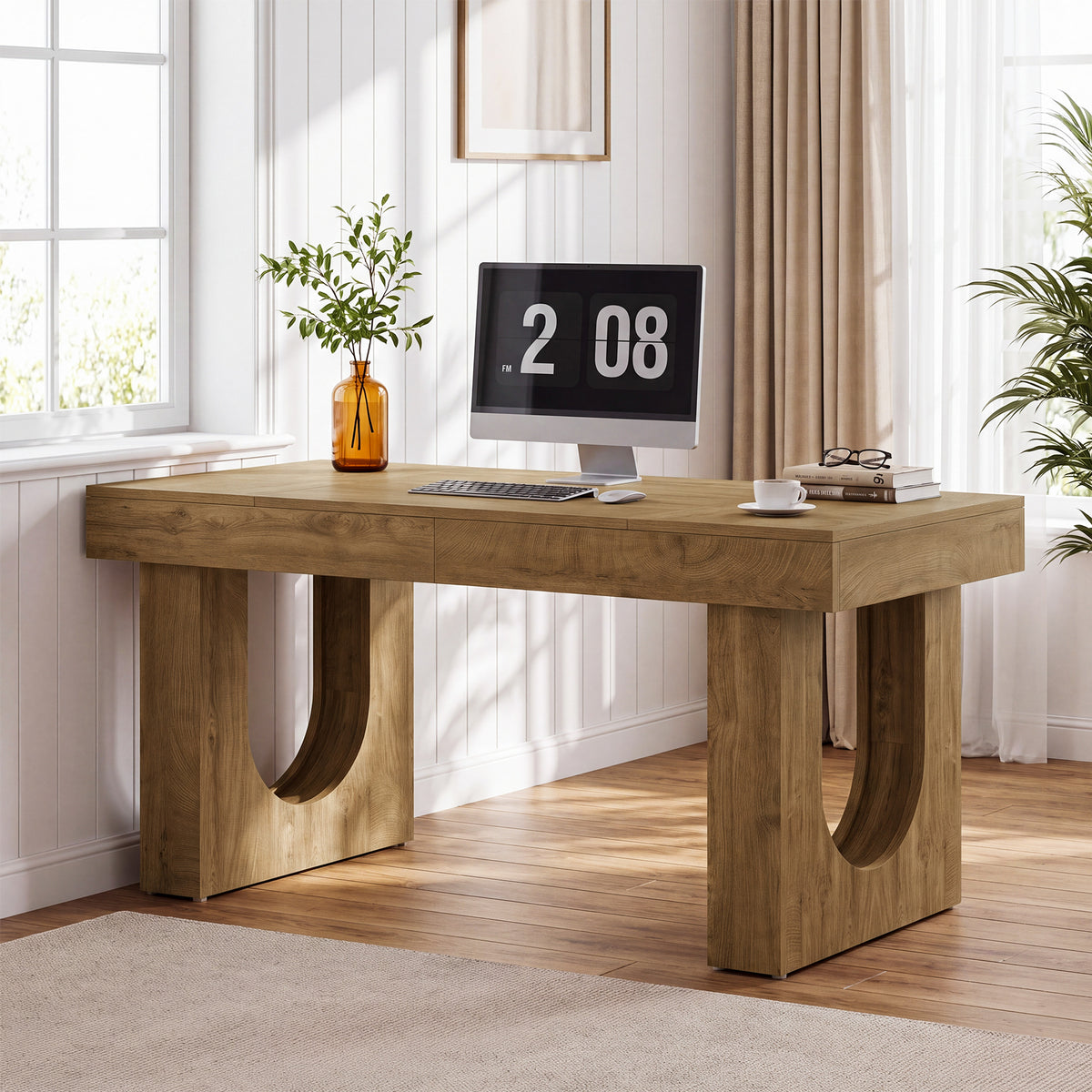 55" Farmhouse Executive Desk, Rectangular Office Computer Desk with U-Shape Double Pedestal