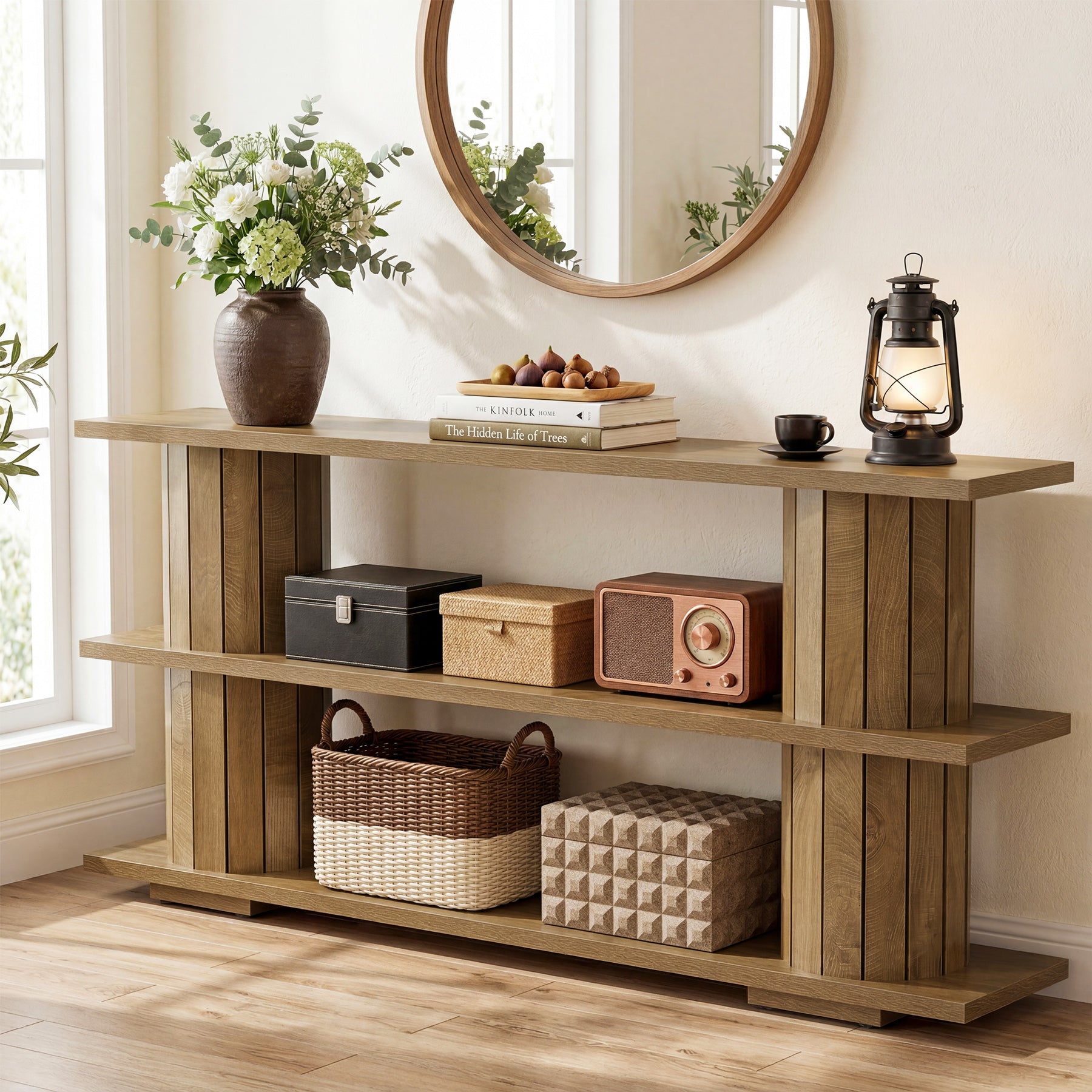 63" Console Table with Storage Shelves, Long Narrow Entryway Sofa Table with 3-Tier Shelving