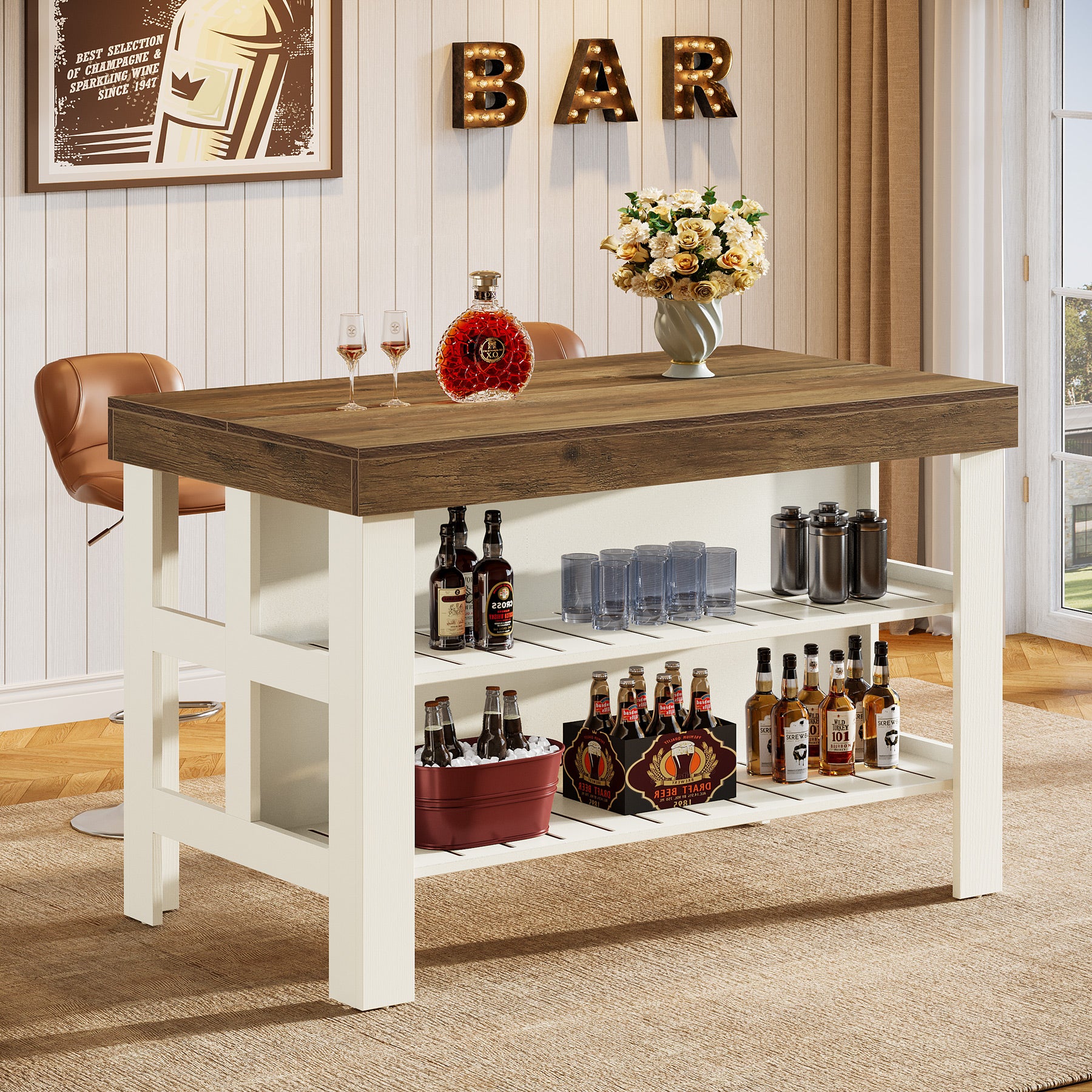 Home Bar Table Unit, 55" Counter Height Bar Cabinet with Storage Shelves