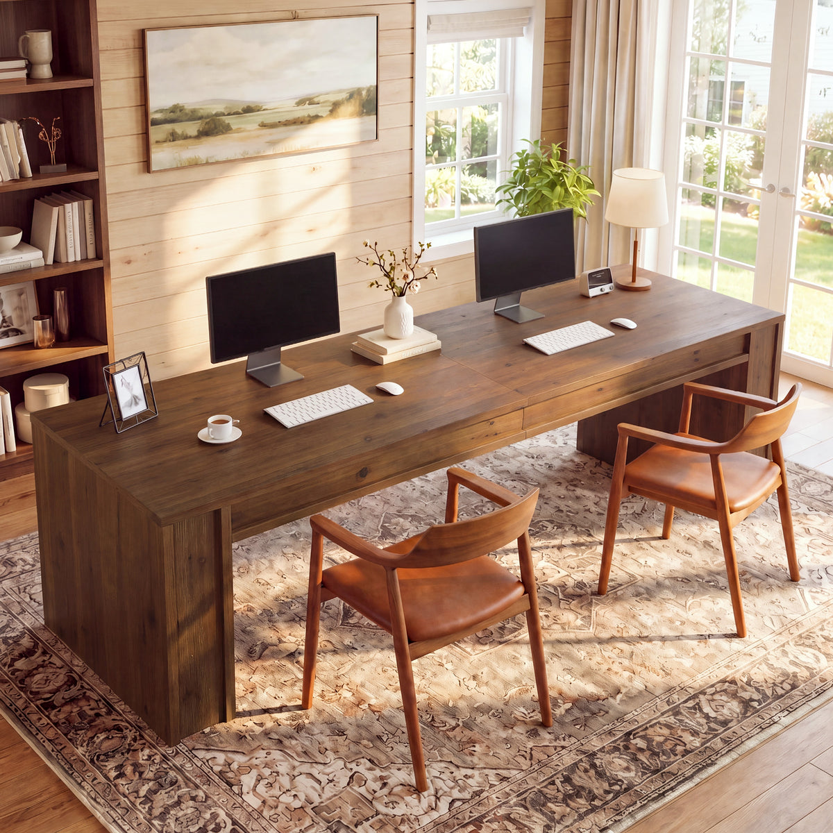 Solid Wood 2-Person Desk, 78.7" Double Computer Desk Workstation for Home Office