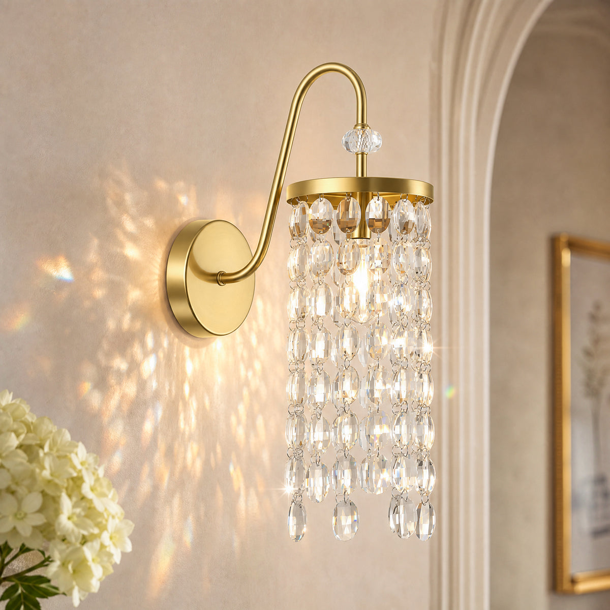 18.5" Gold Wall Sconce, Crystal Wall Light with E12 Socket