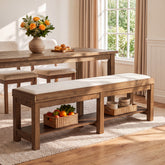 63" Solid Wood Dining Bench, Upholstered Kitchen Bench with Lower shelf 3