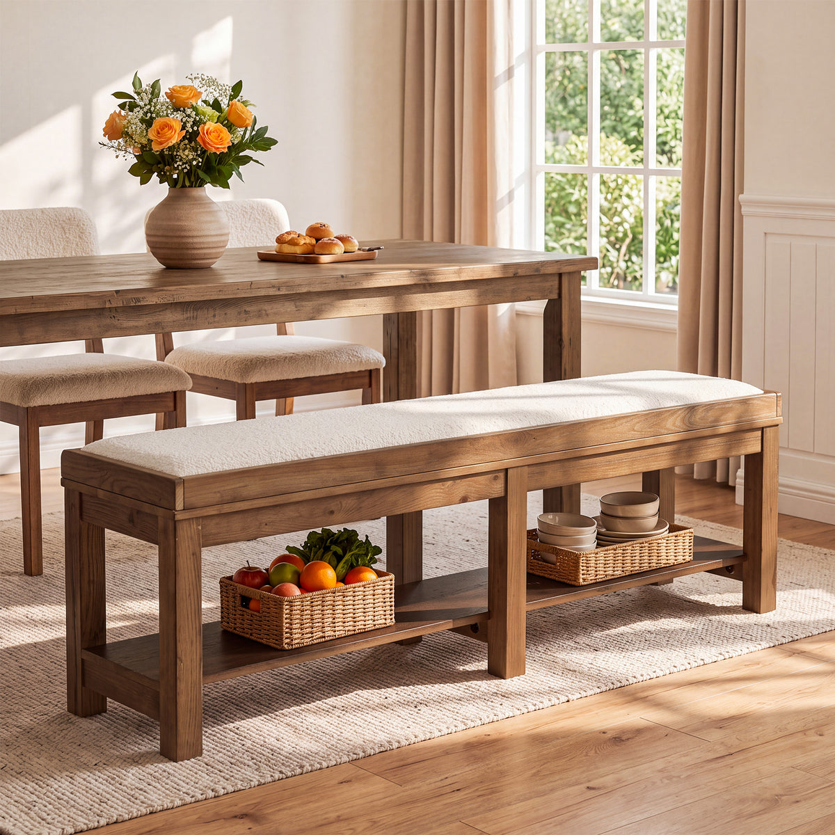 63" Solid Wood Dining Bench, Upholstered Kitchen Bench with Lower shelf