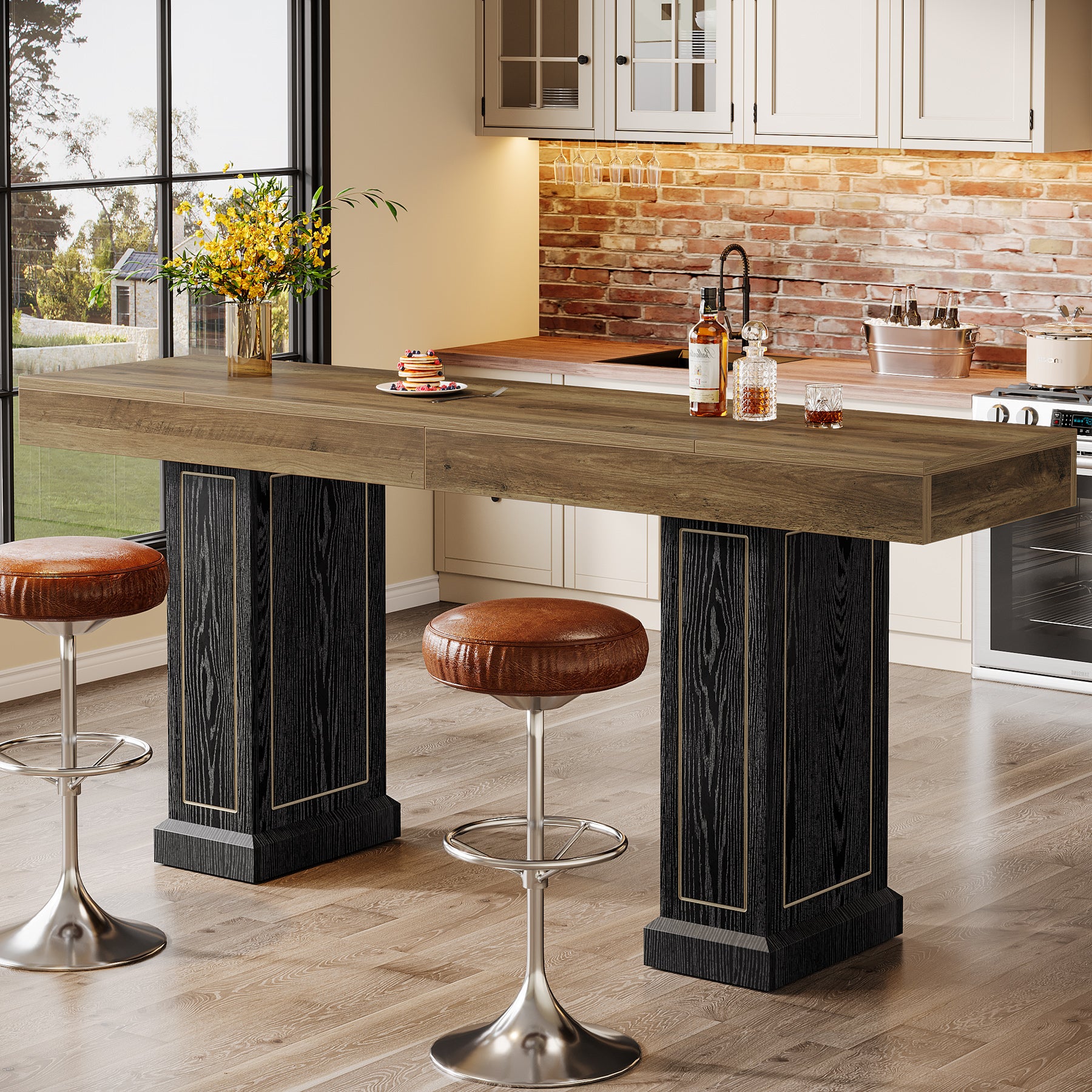 71" Counter Height Bar Table for 6-8 People, Rustic Pub Table with Dual Pedestal Base & Gold Accents