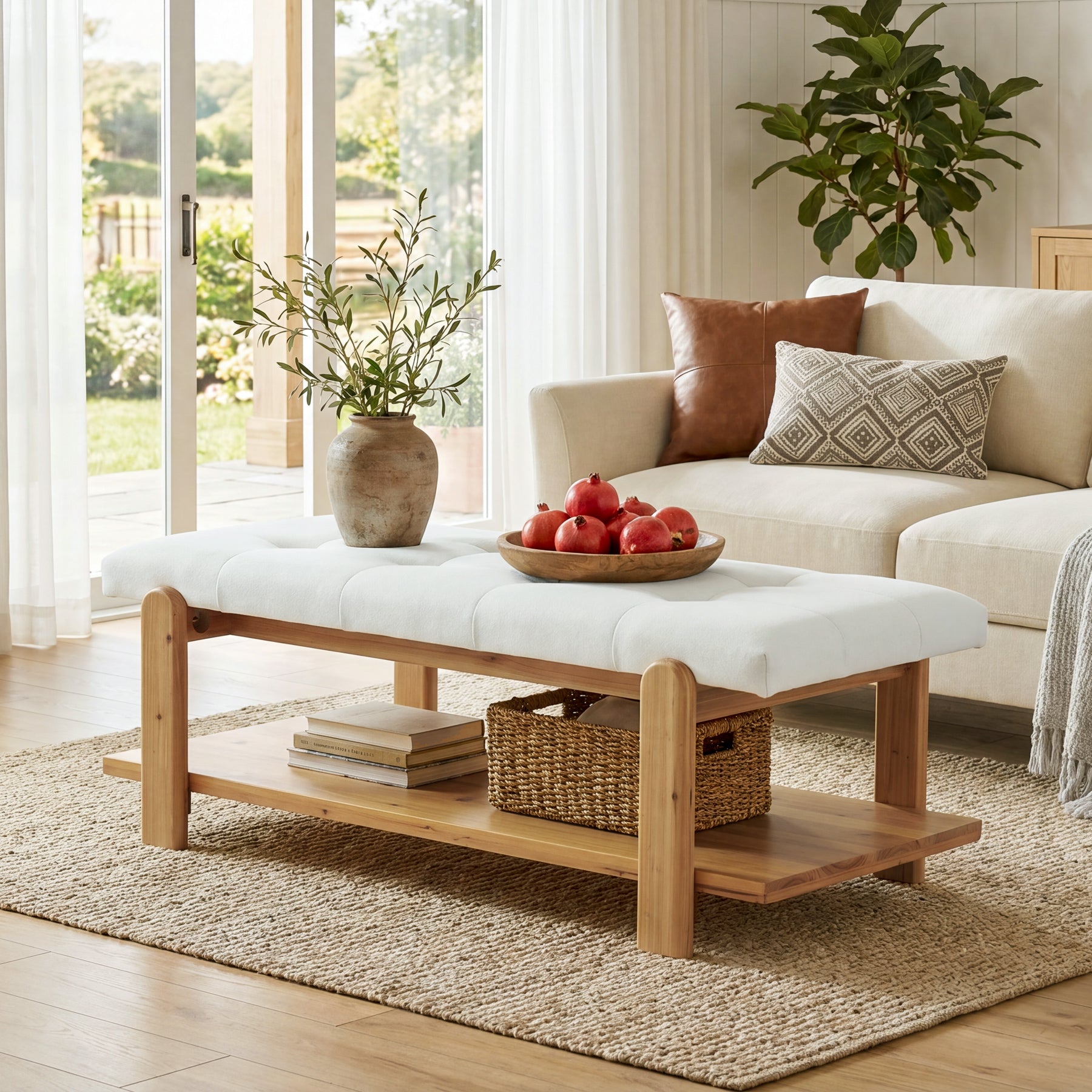 47.24" Ottoman Coffee Table, Rectangle Large Footrest Ottoman with Solid Frame and Storage Shelf
