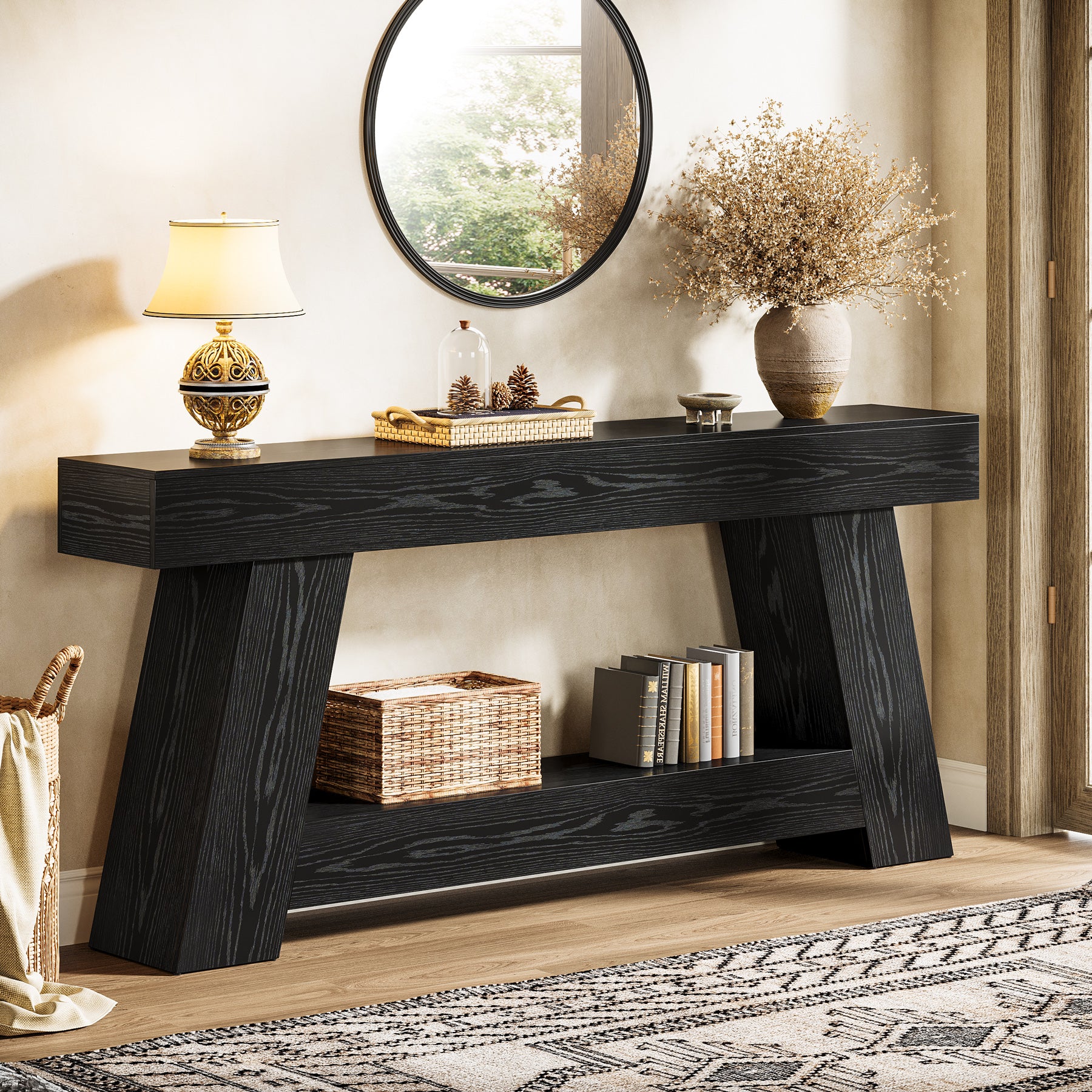 70.87" Console Table, Farmhouse 2-Tier Sofa Table with Open Storage Shelf