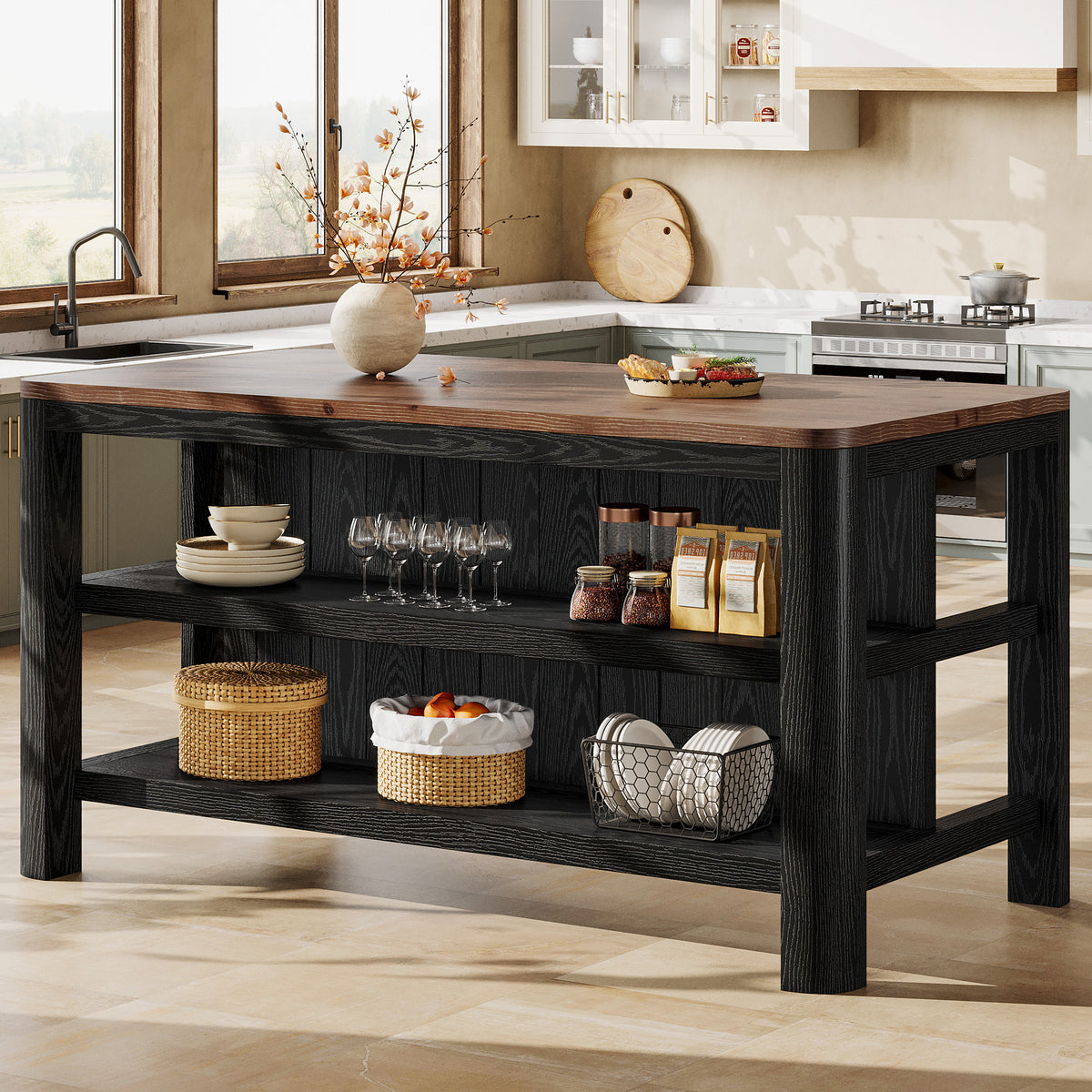 Solid Wood Kitchen Island, 63" Farmhouse Island Table with Storage Shelves