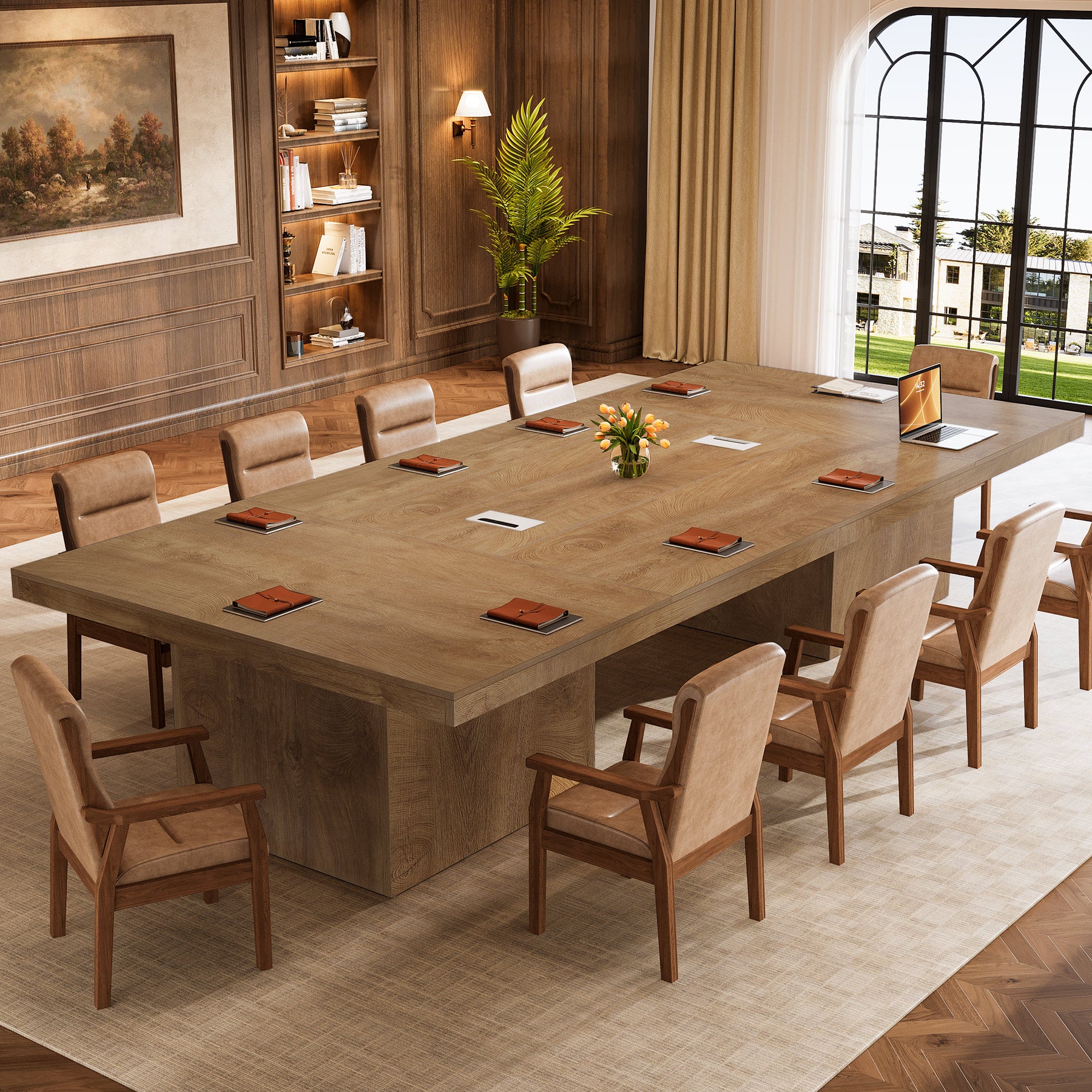 95" Conference Table with Pedestal Base, 8FT Wood Office Meeting Table, Cable Grommets