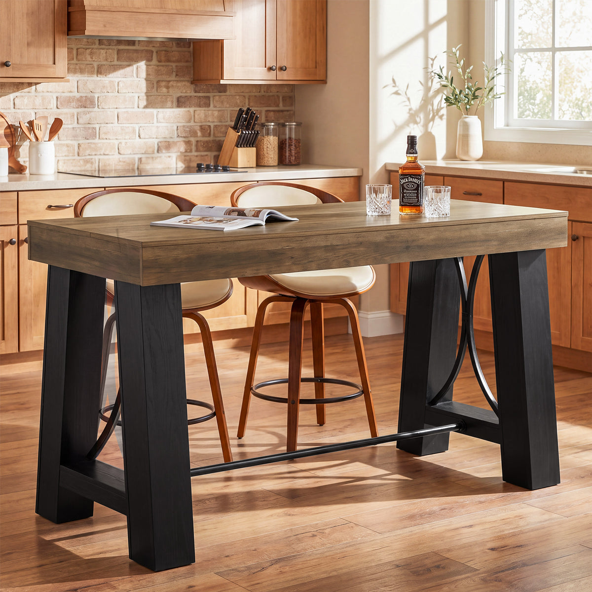 63" Farmhouse Counter Height Table with Footrest, Rectangular High Top Home Bar Kitchen
