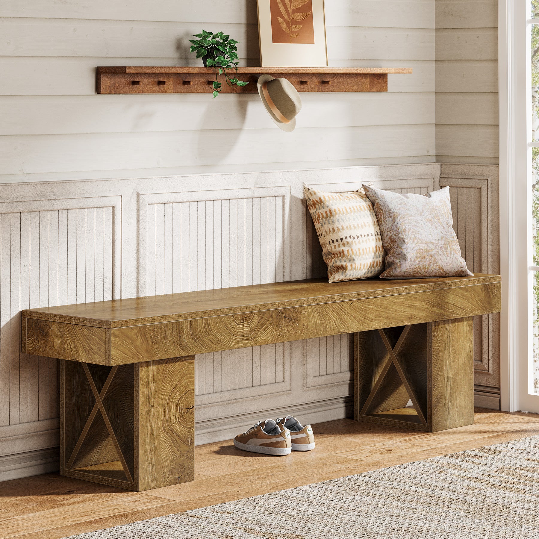 55" Entryway Bench, Farmhouse Shoe Bench Indoor End of Bed Stool