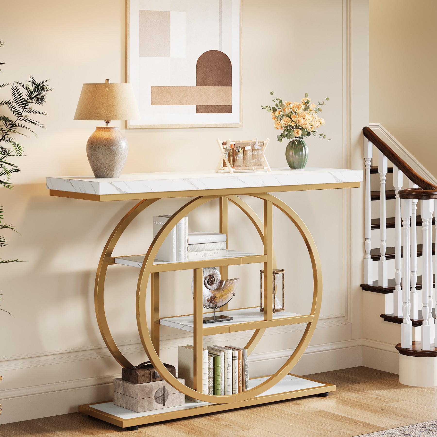 4-Tier Console Table, 41.3" Entryway Sofa Table with Circle Base