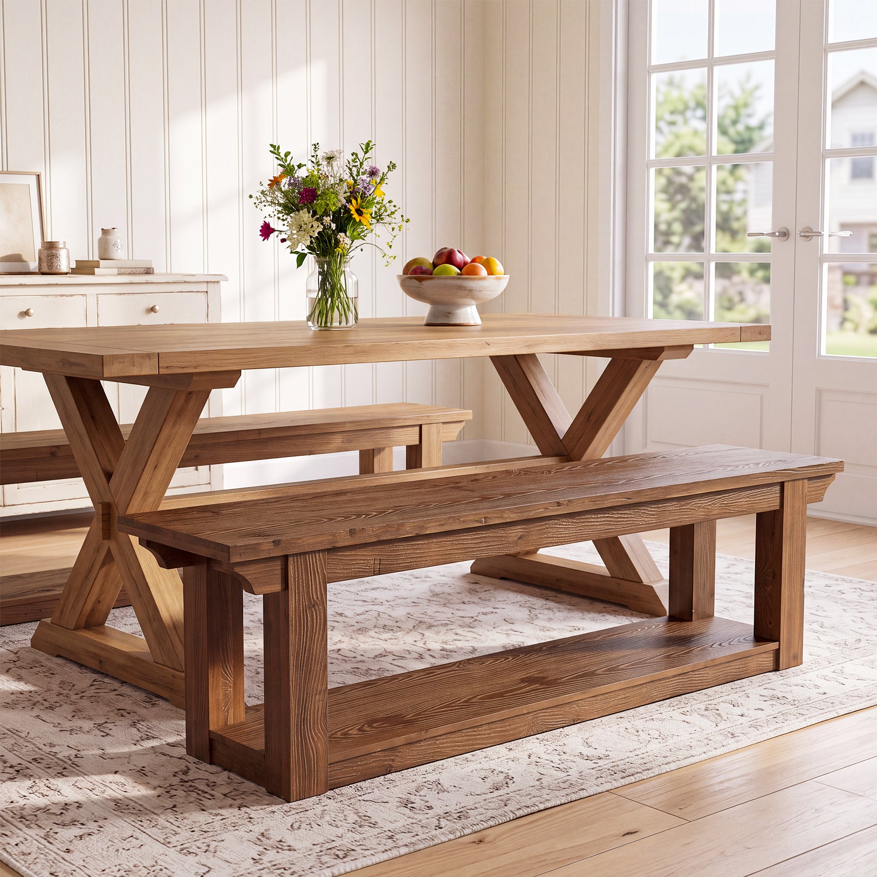 63" Dining Bench with Storage, Farmhouse Solid Wood 2-Tier, Kitchen & Dining Room
