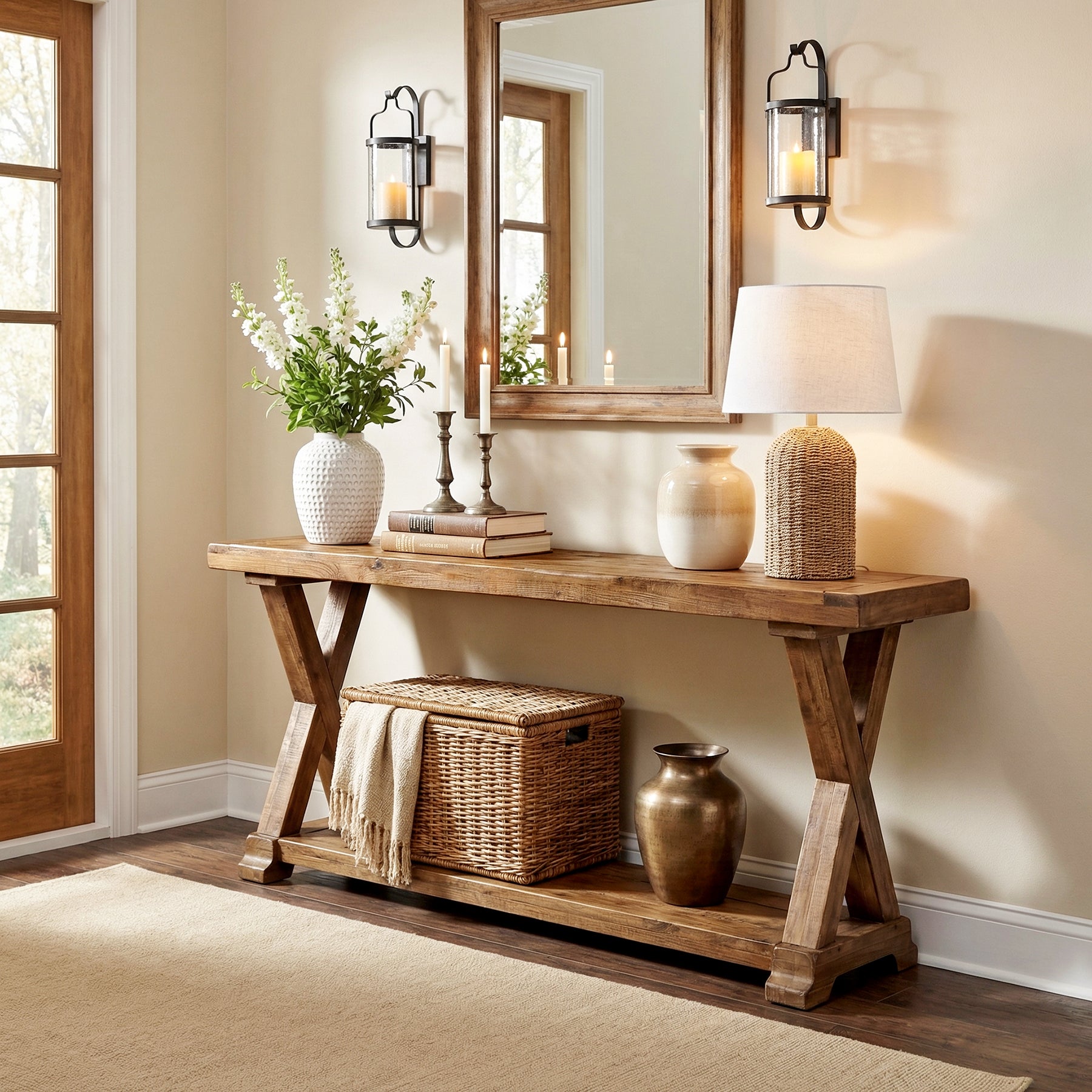 63" Solid Wood Console Table, Narrow Farmhouse Sofa Table with 2-Tier Storage for Entryway, Hallway & Behind Couch