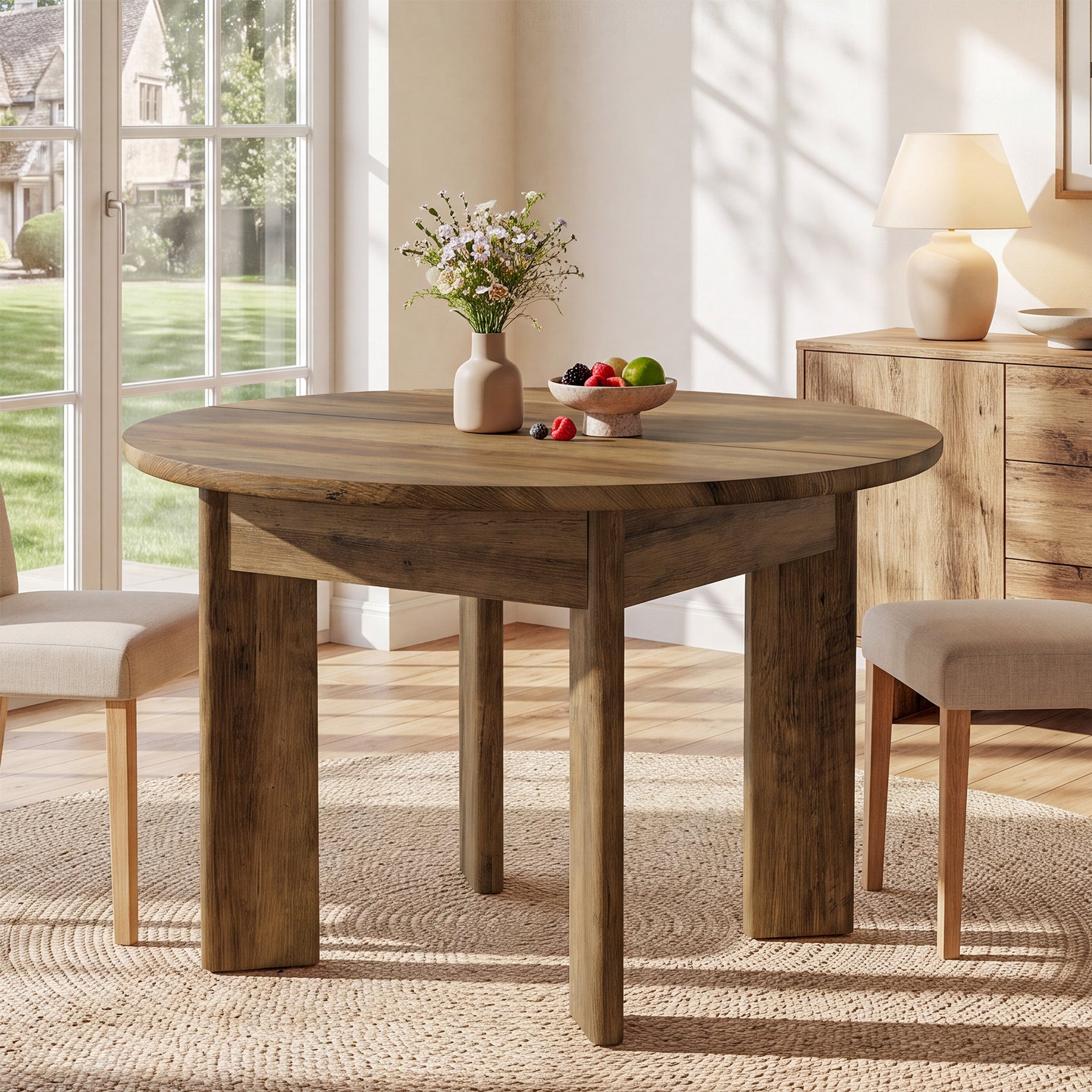 39" Round Dining Table for 4, Farmhouse Kitchen Table with Thick Pedestal Legs for Small Spaces