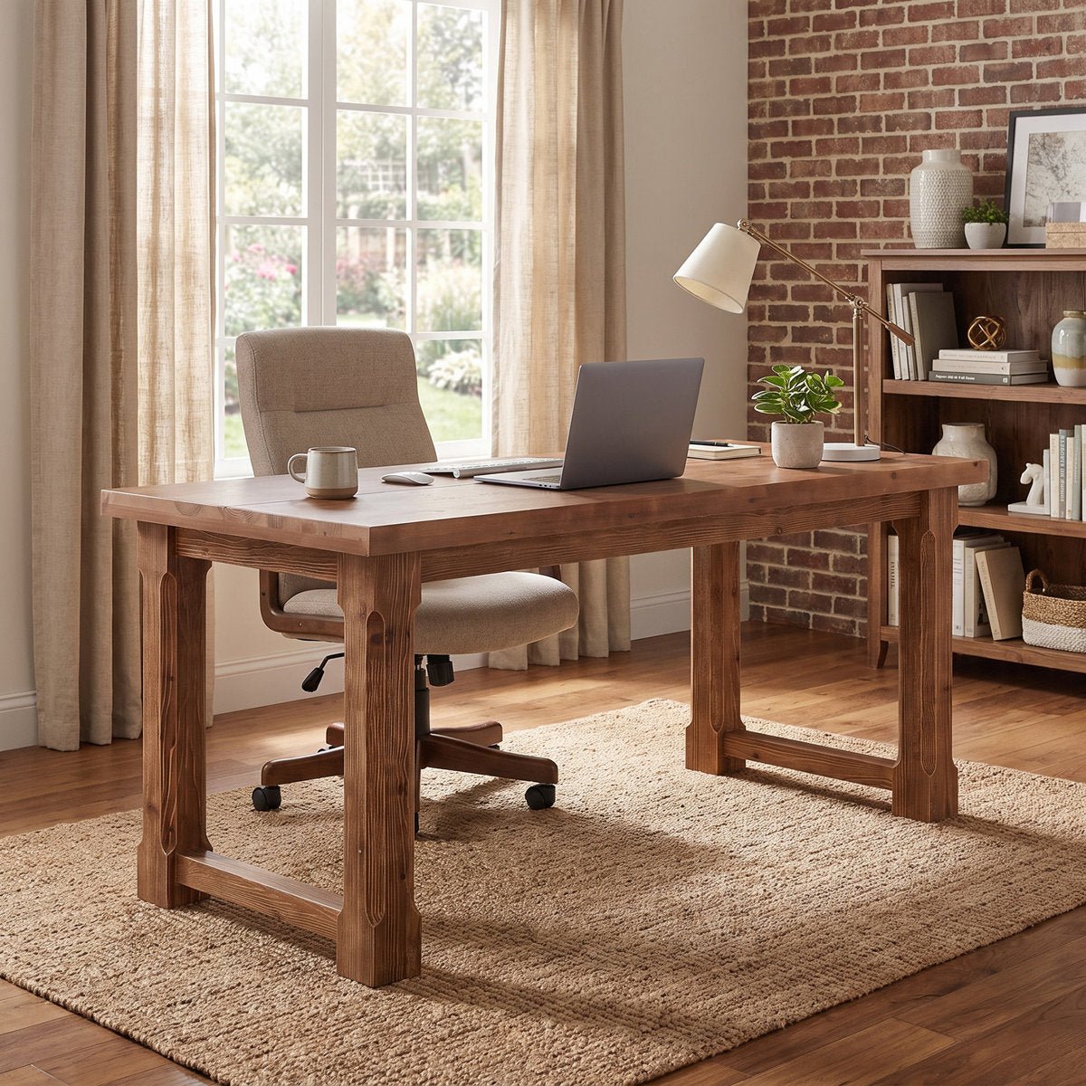 63" Solid Wood Computer Desk, Farmhouse Executive Desk for Home Office