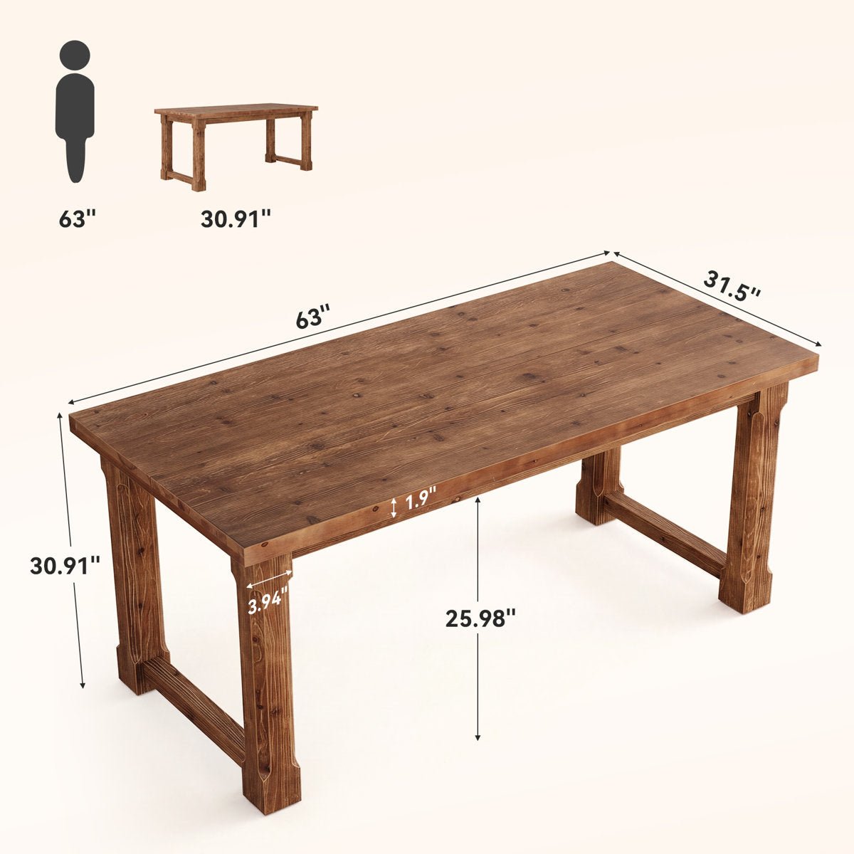 63" Solid Wood Computer Desk, Farmhouse Executive Desk for Home Office