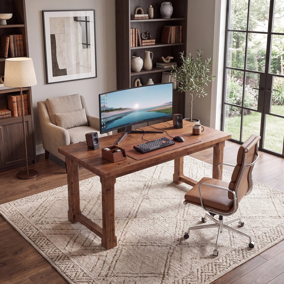 63" Solid Wood Computer Desk, Farmhouse Executive Desk for Home Office