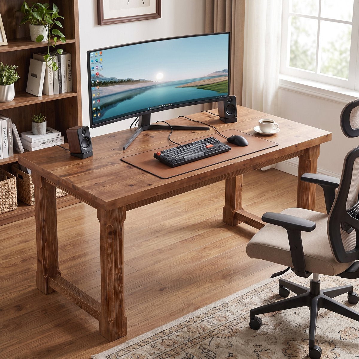 63" Solid Wood Computer Desk, Farmhouse Executive Desk for Home Office
