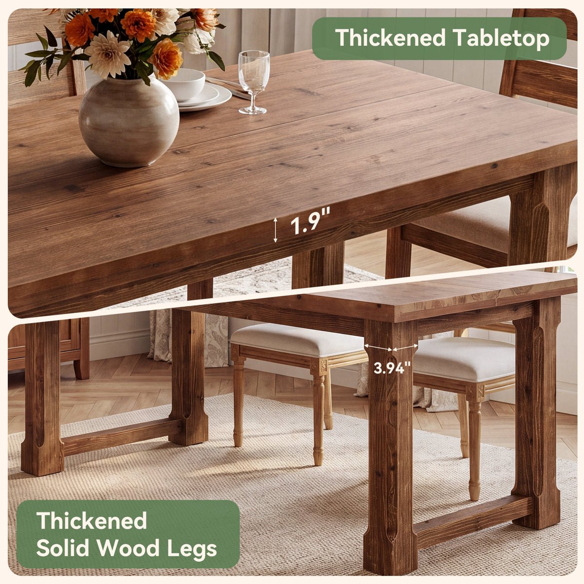 63" Solid Wood Computer Desk, Farmhouse Executive Desk for Home Office