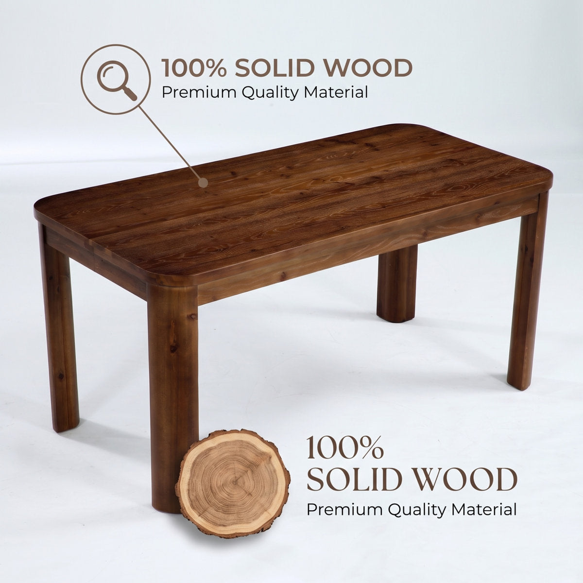 63" Solid Wood Dining Table, Rectangular Rounded Edge Farmhouse Kitchen Table