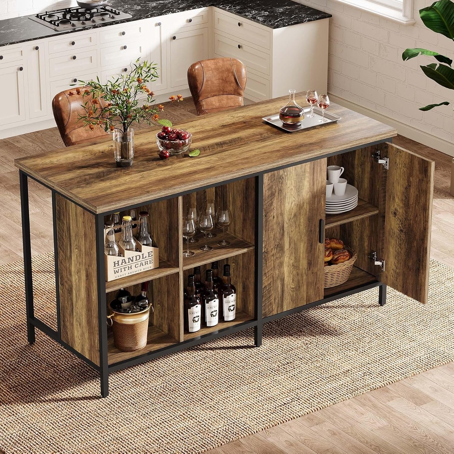 63" Bar Table, Counter Height Pub Table Bar Cabinet with 2-Tier Storage Shelves