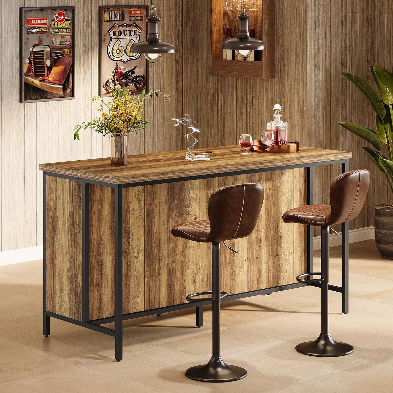 63" Bar Table, Counter Height Pub Table Bar Cabinet with 2-Tier Storage Shelves