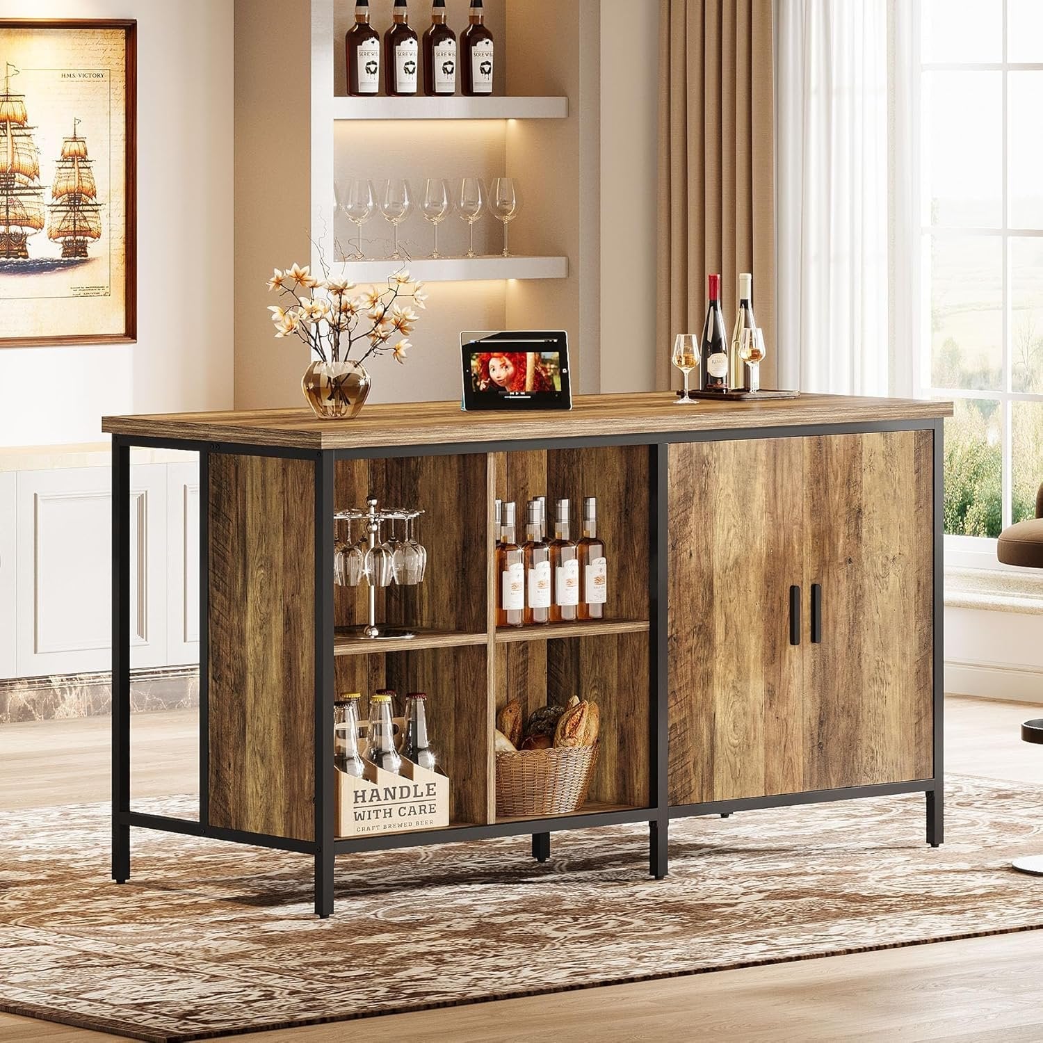 63" Bar Table, Counter Height Pub Table Bar Cabinet with 2-Tier Storage Shelves