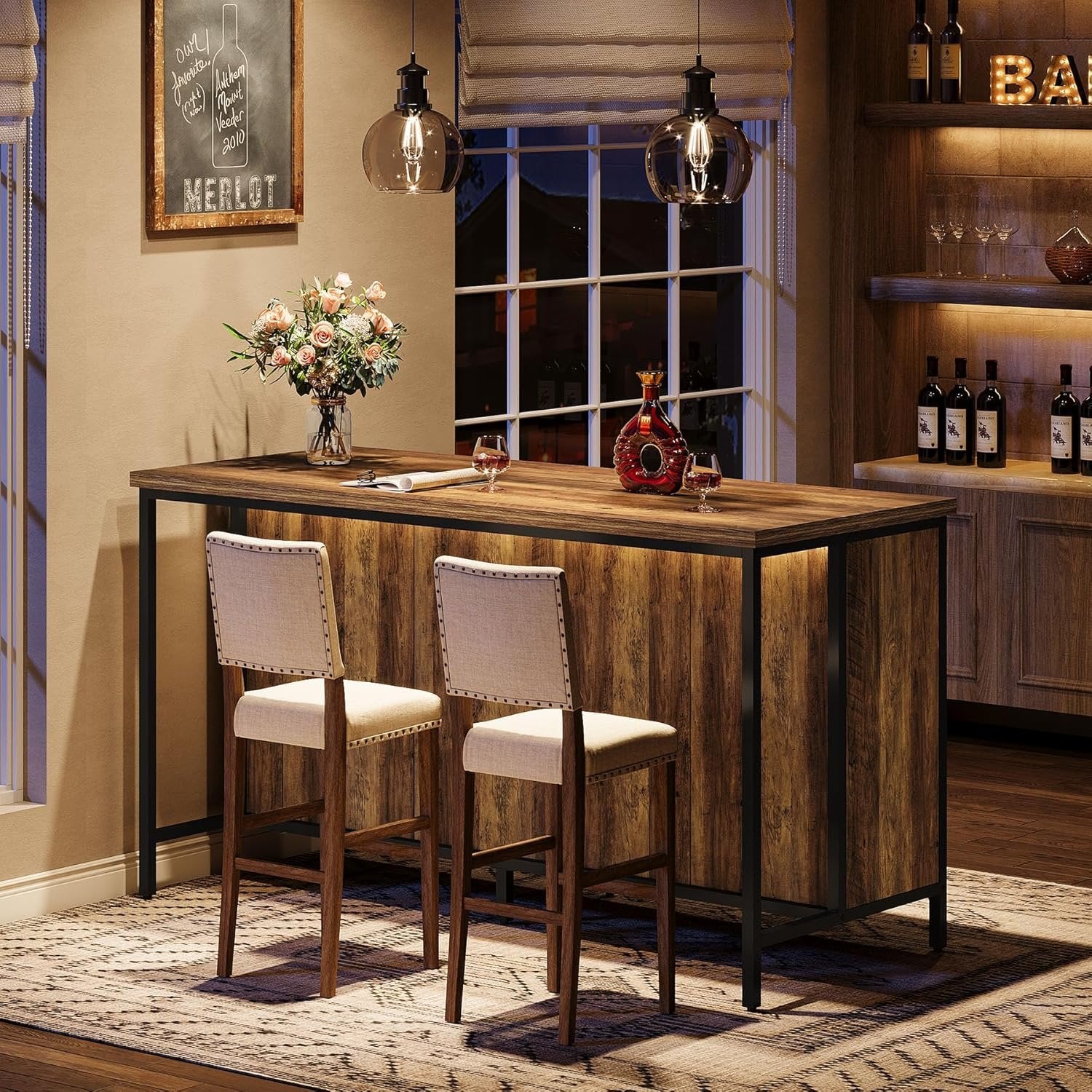 63" Bar Table, Counter Height Pub Table Bar Cabinet with 2-Tier Storage Shelves