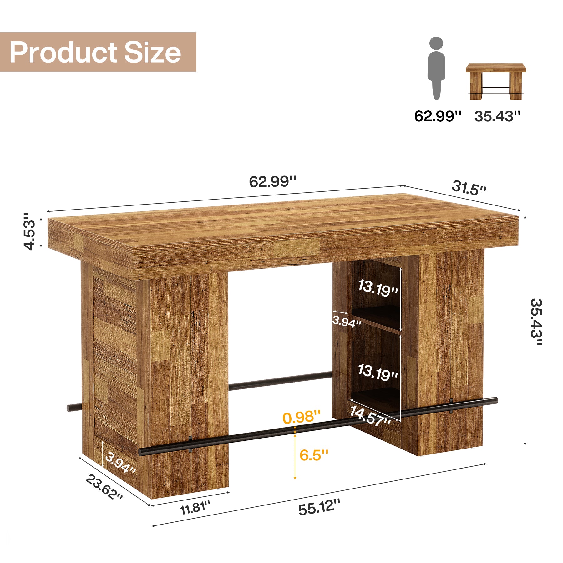 63" Bar Table, Counter Height Pub Table Home Bar Units with Storage