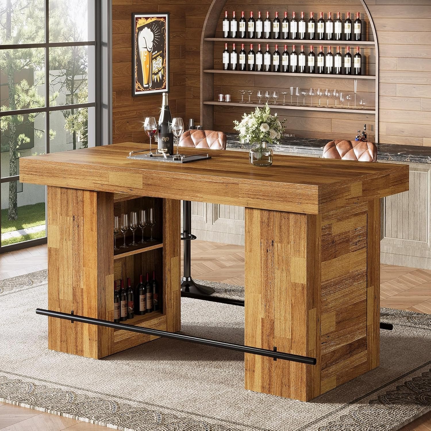 63" Bar Table, Counter Height Pub Table Home Bar Units with Storage