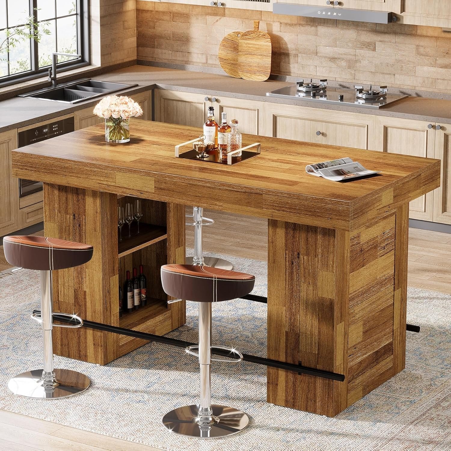 63" Bar Table, Counter Height Pub Table Home Bar Units with Storage