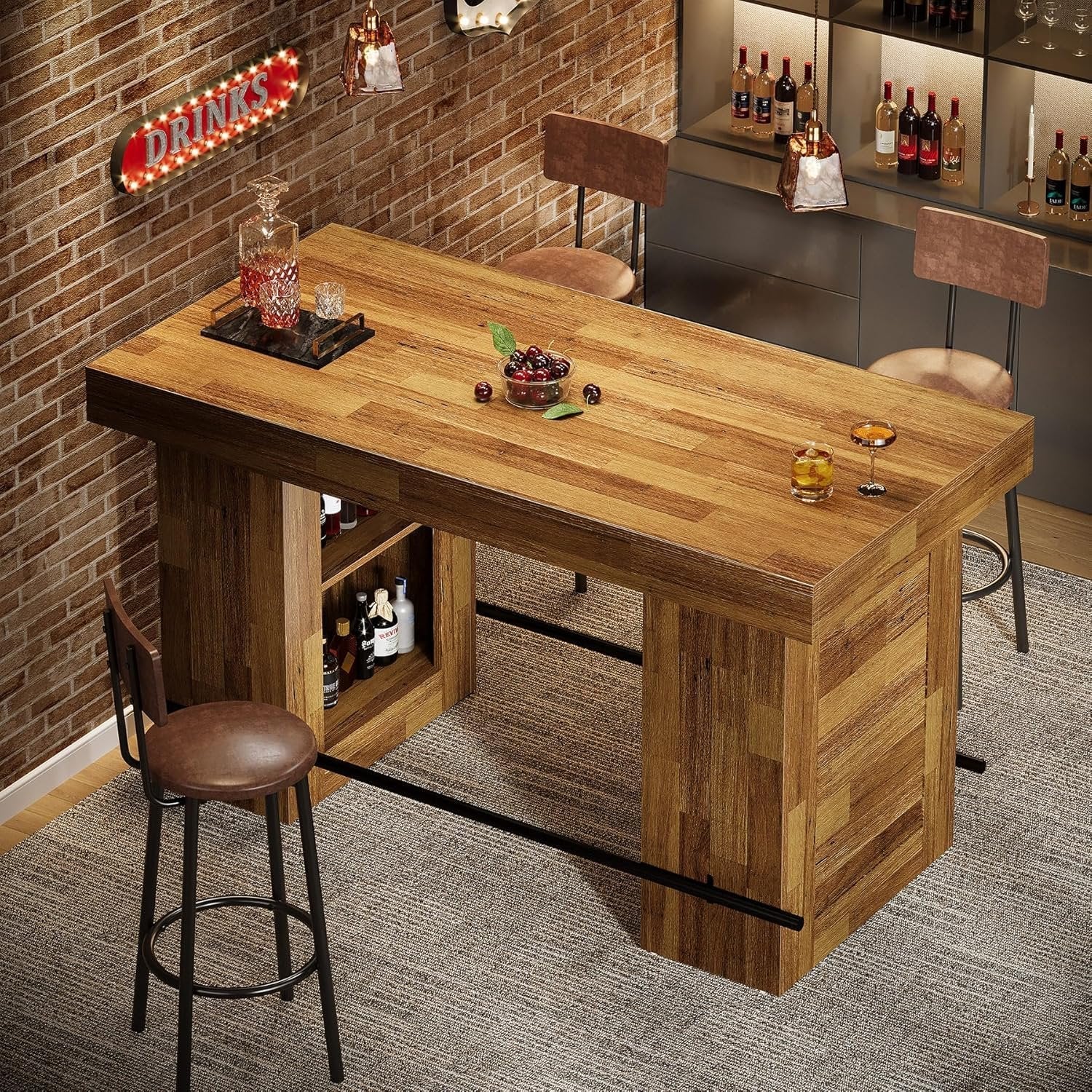 63" Bar Table, Counter Height Pub Table Home Bar Units with Storage