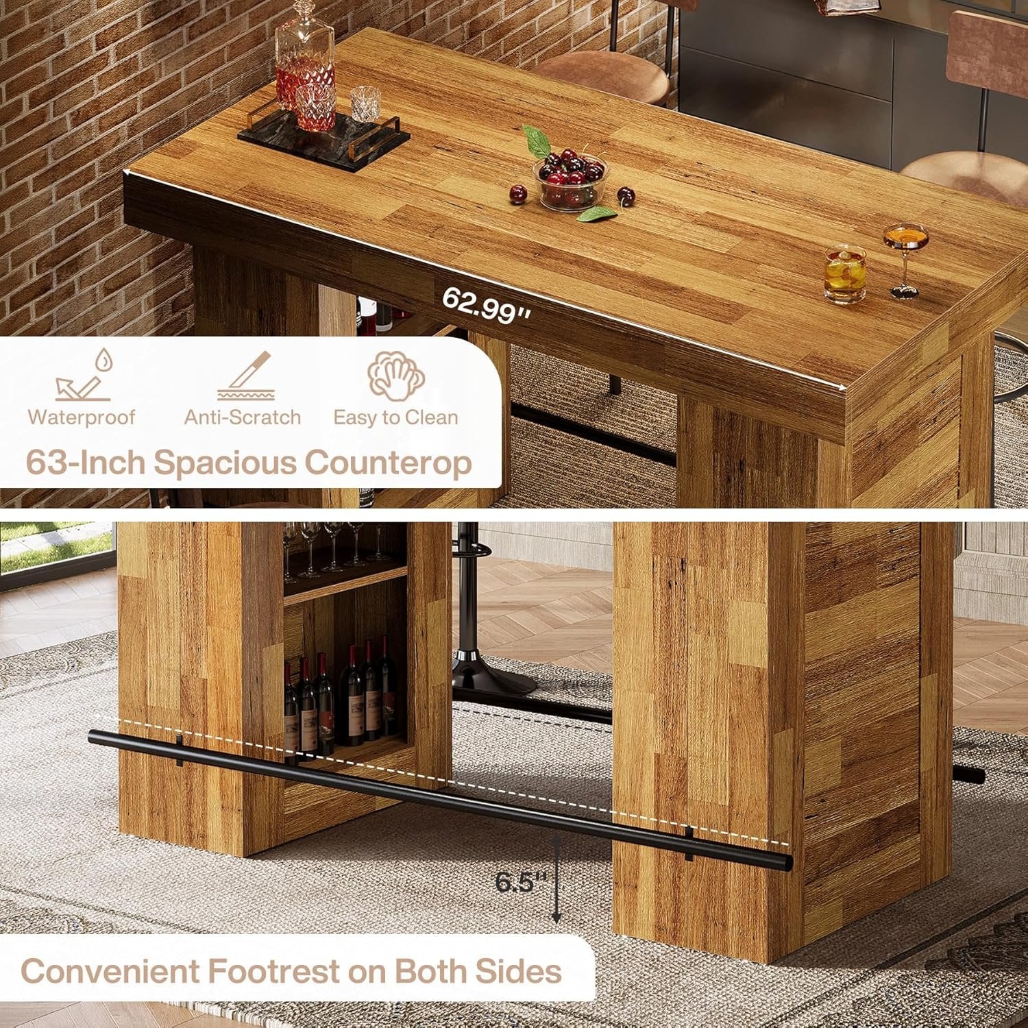 63" Bar Table, Counter Height Pub Table Home Bar Units with Storage