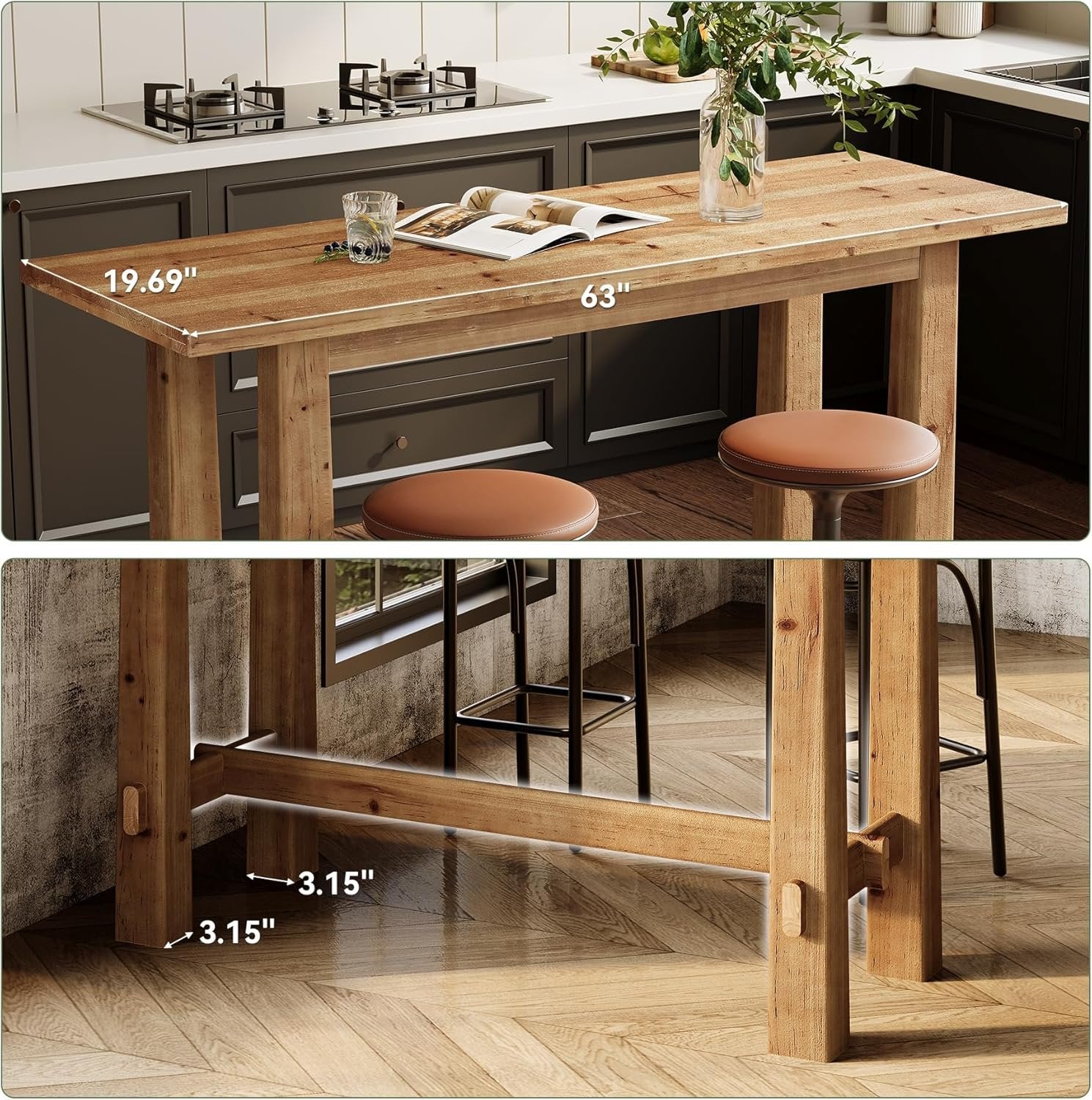 63" Bar Table, Wood Bar Height Pub Table Home Bar Unit