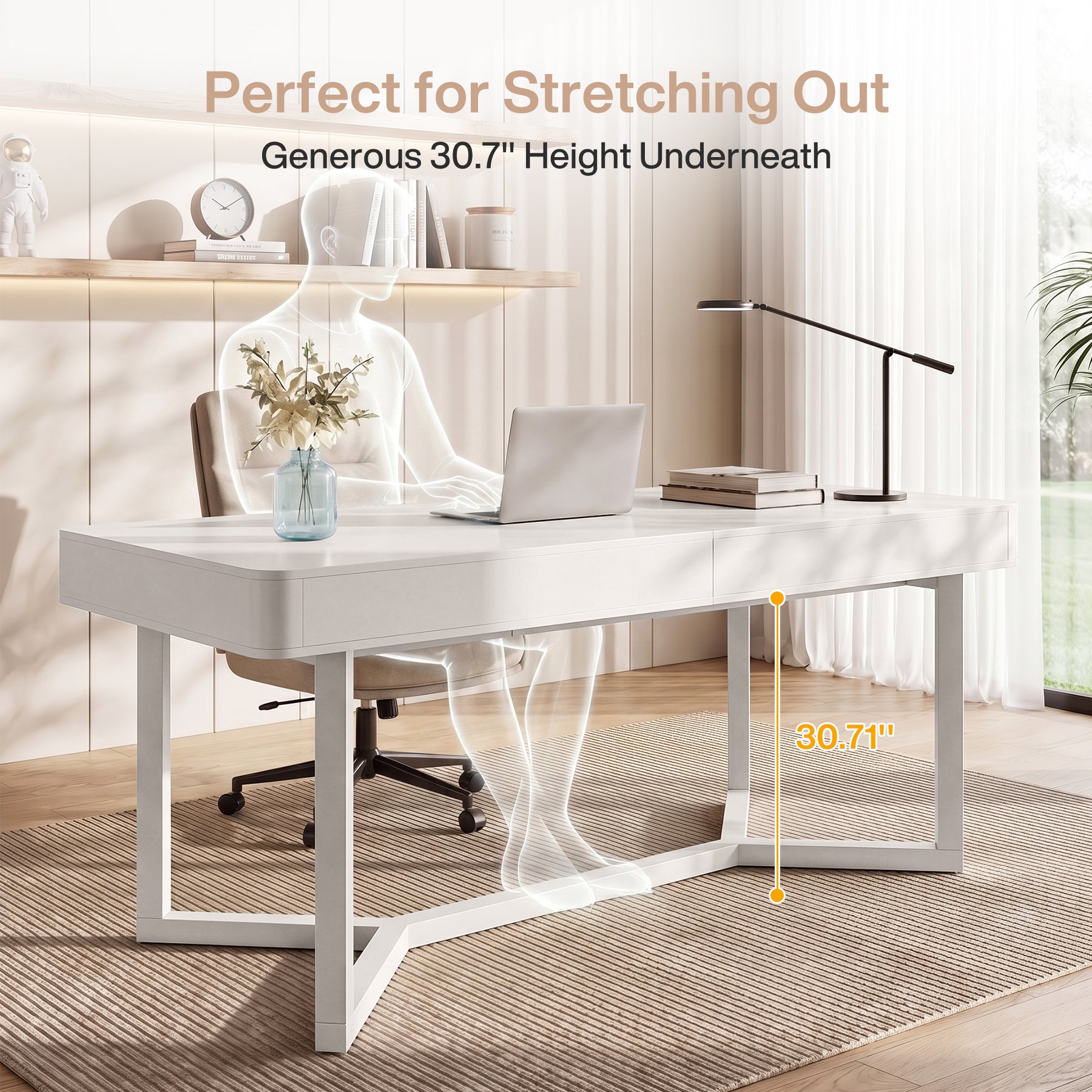 63" Computer Desk with 2 Drawers, Modern Executive Desk Home Office Desk with Metal Base