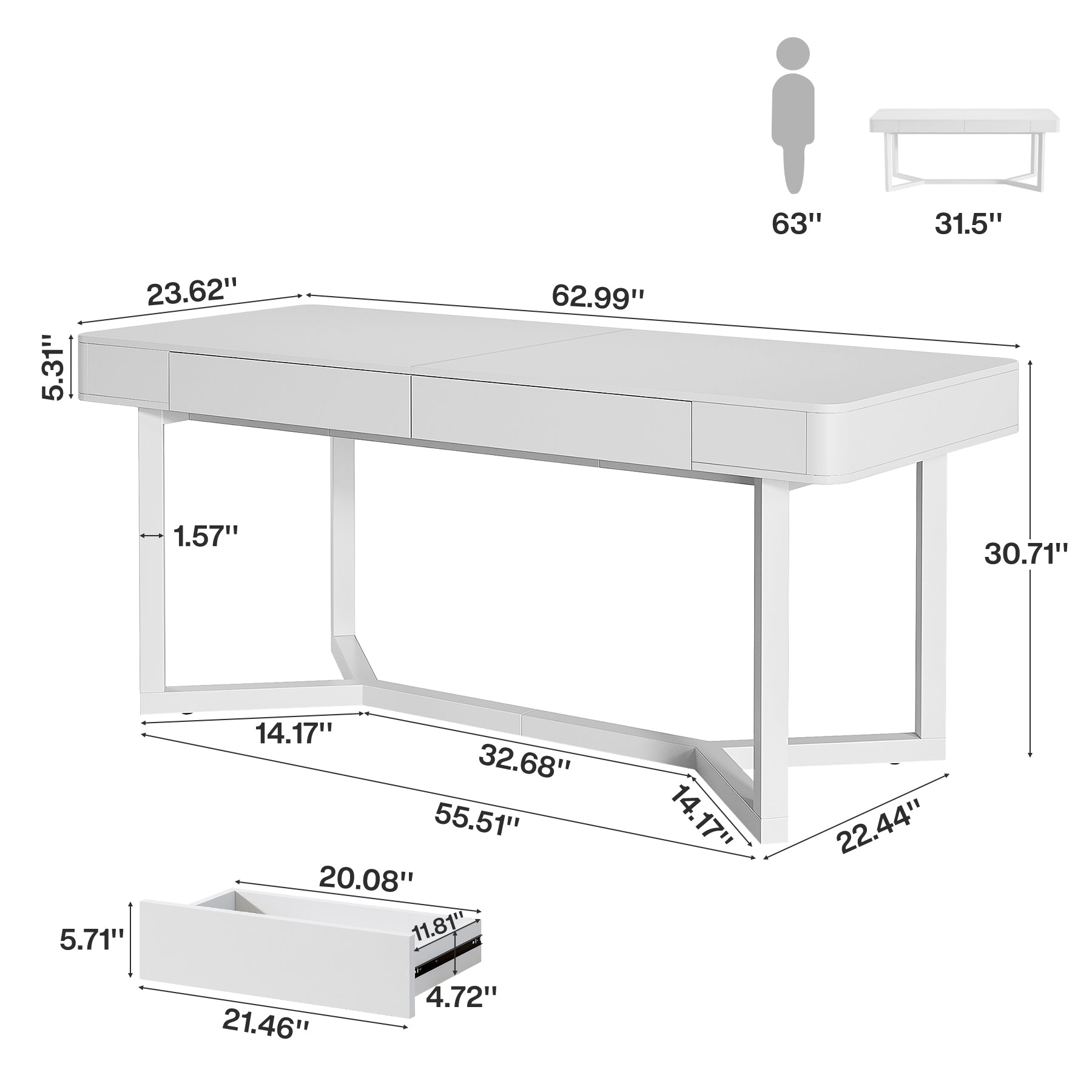 63" Computer Desk with 2 Drawers, Modern Executive Desk Home Office Desk with Metal Base