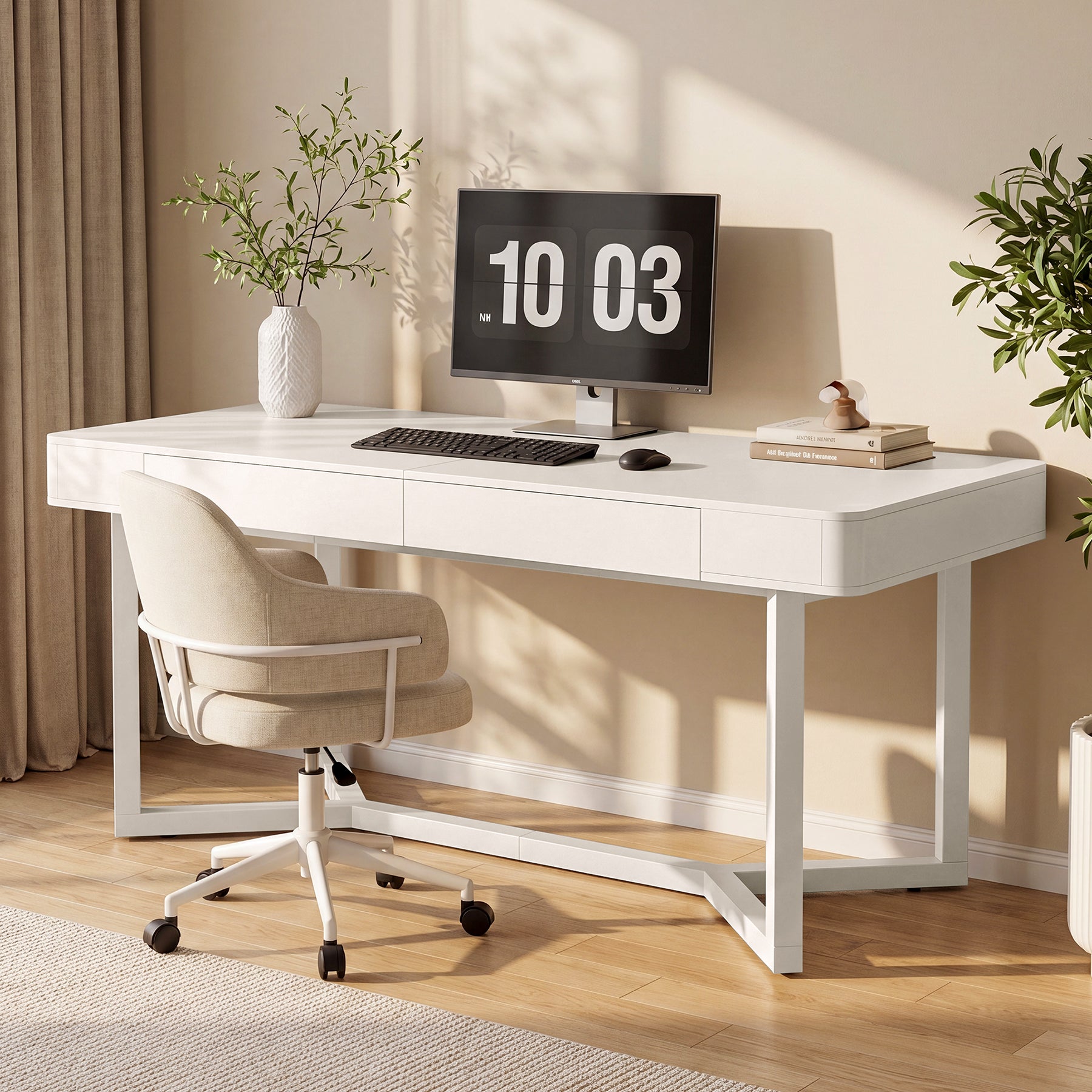 63" Computer Desk with 2 Drawers, Modern Executive Desk Home Office Desk with Metal Base