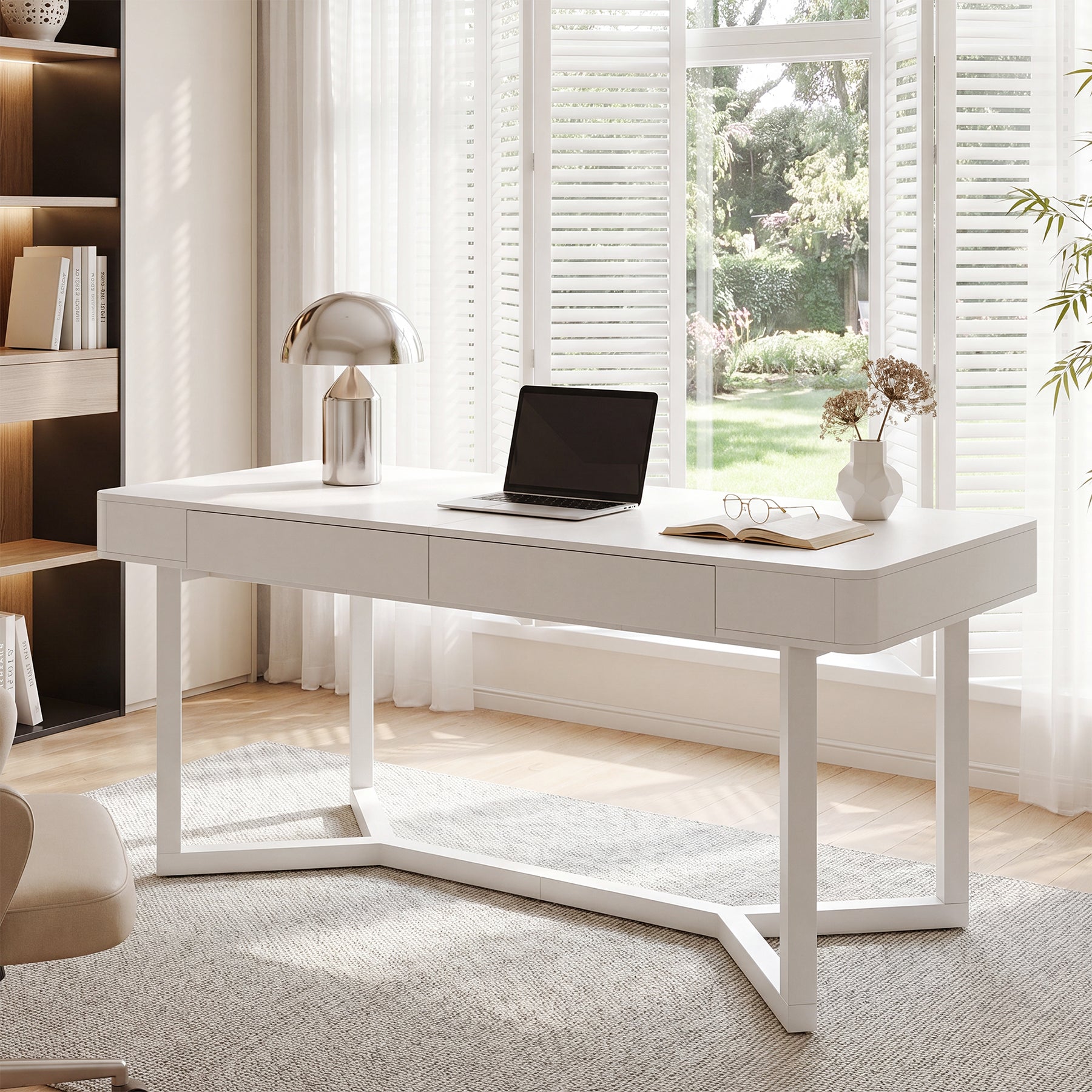 63" Computer Desk with 2 Drawers, Modern Executive Desk Home Office Desk with Metal Base