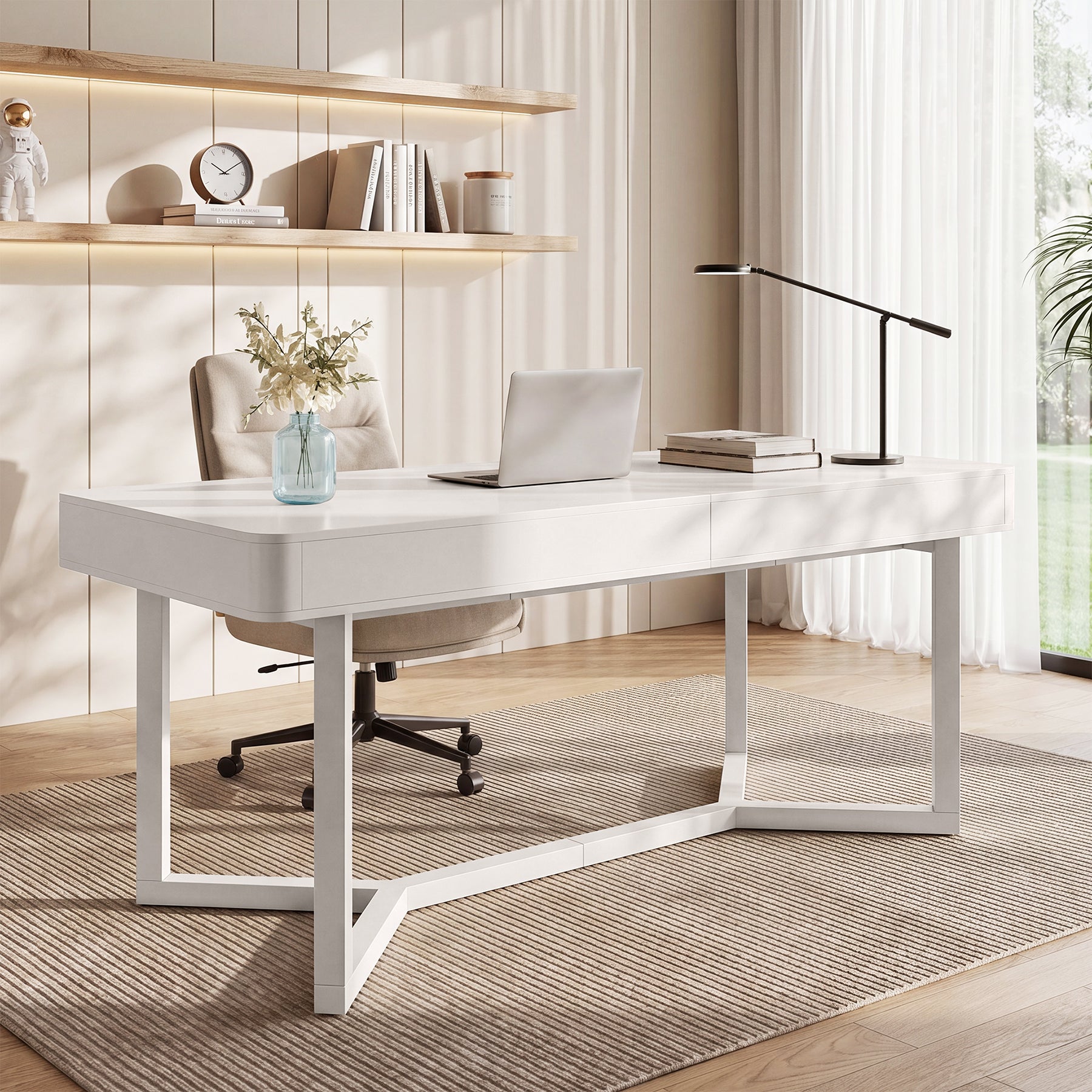 63" Computer Desk with 2 Drawers, Modern Executive Desk Home Office Desk with Metal Base