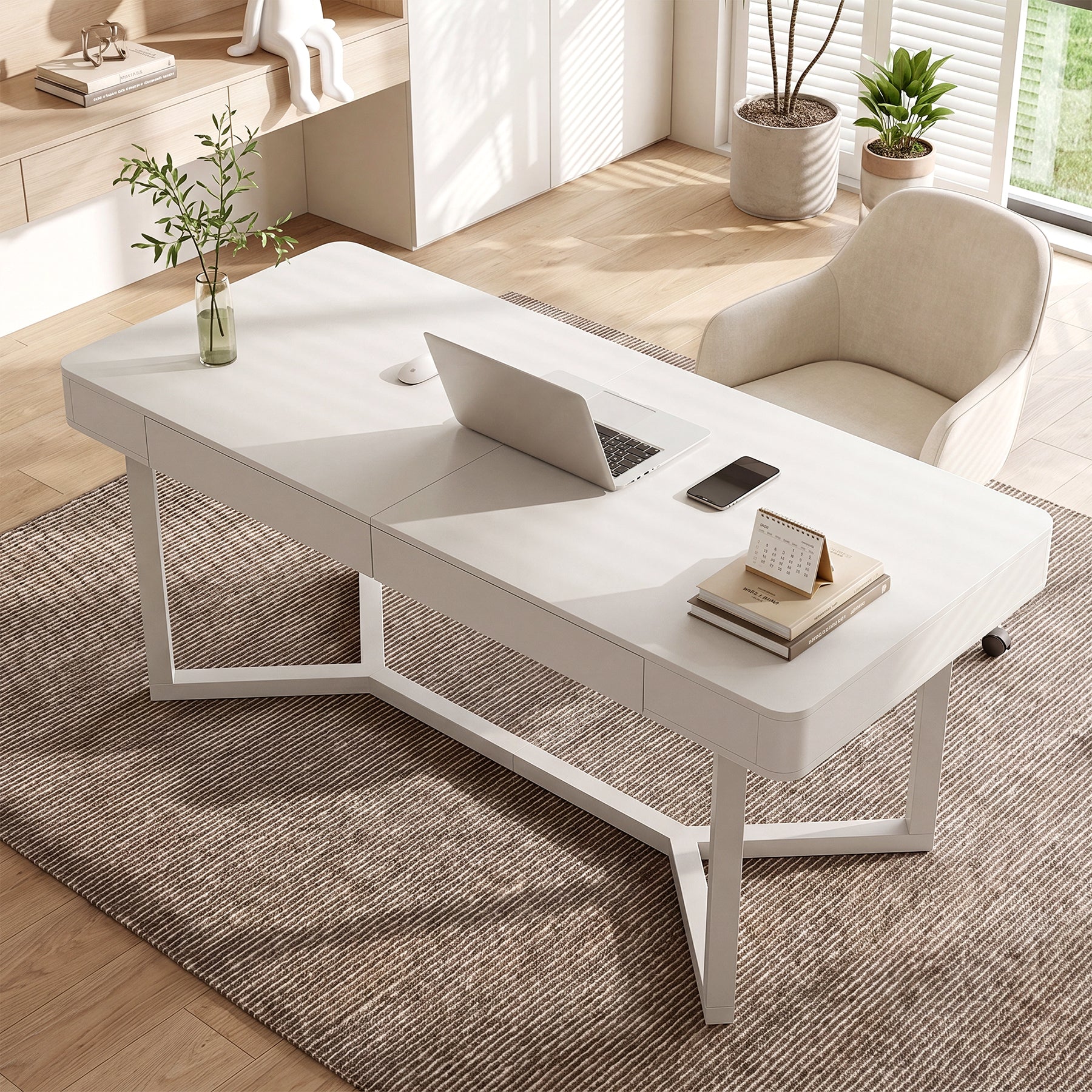 63" Computer Desk with 2 Drawers, Modern Executive Desk Home Office Desk with Metal Base