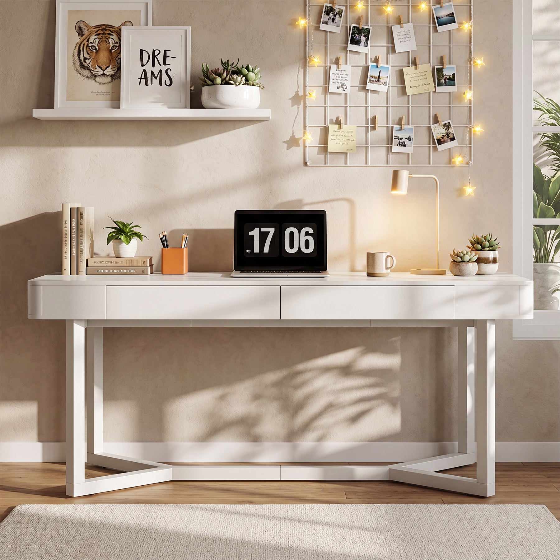 63" Computer Desk with 2 Drawers, Modern Executive Desk Home Office Desk with Metal Base