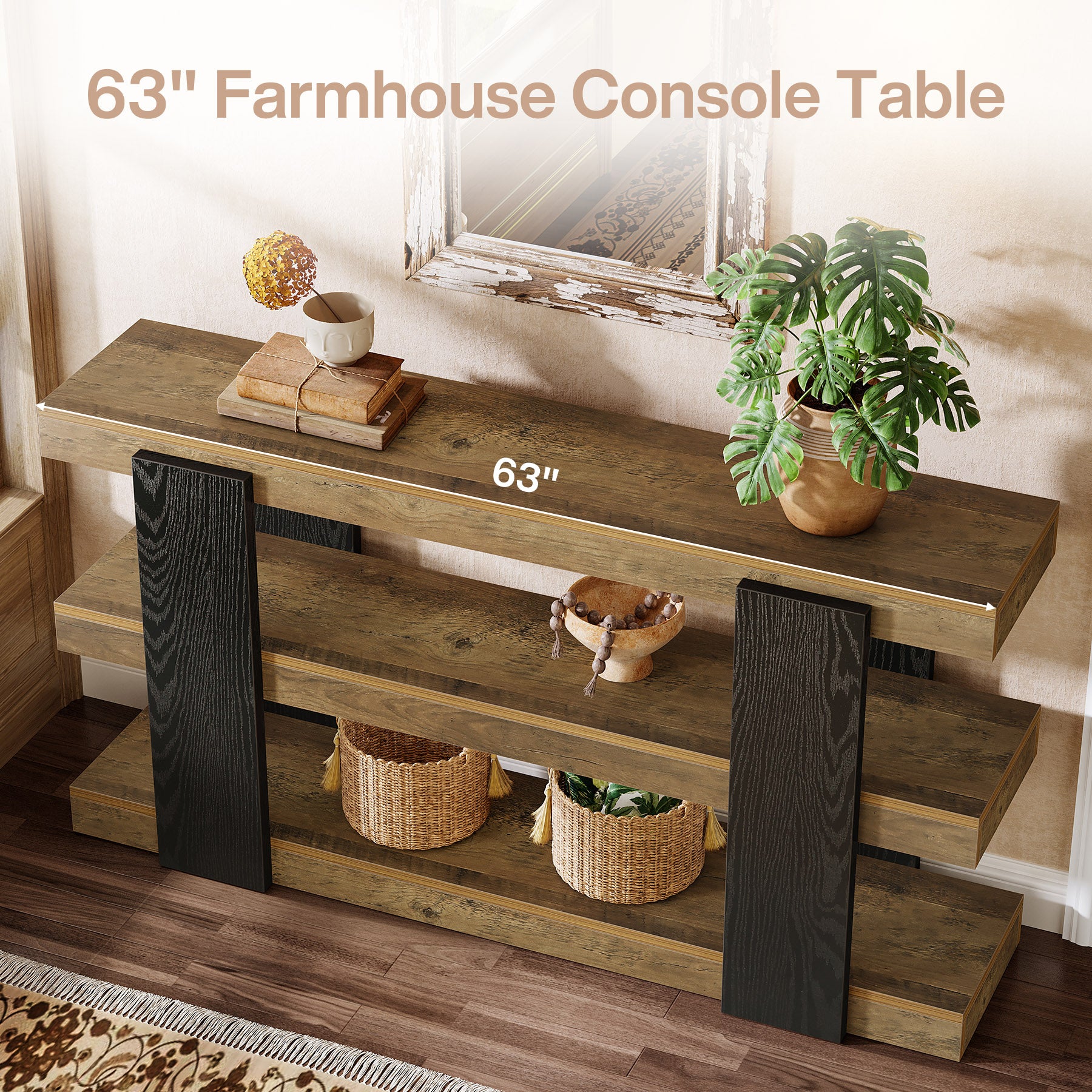 63" Console Table, 3-Tier Entryway Table Sofa Table with Storage