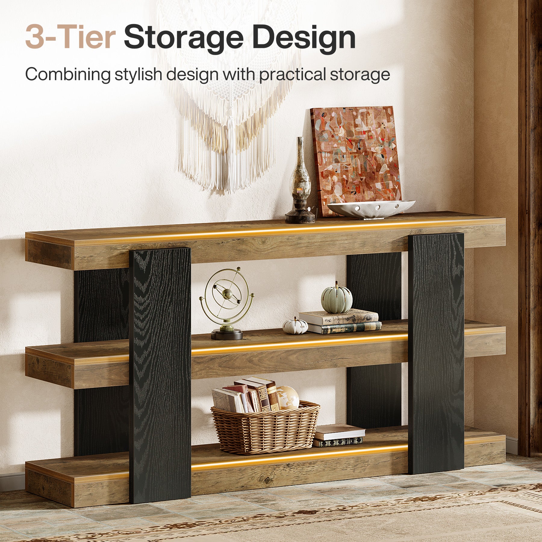 63" Console Table, 3-Tier Entryway Table Sofa Table with Storage